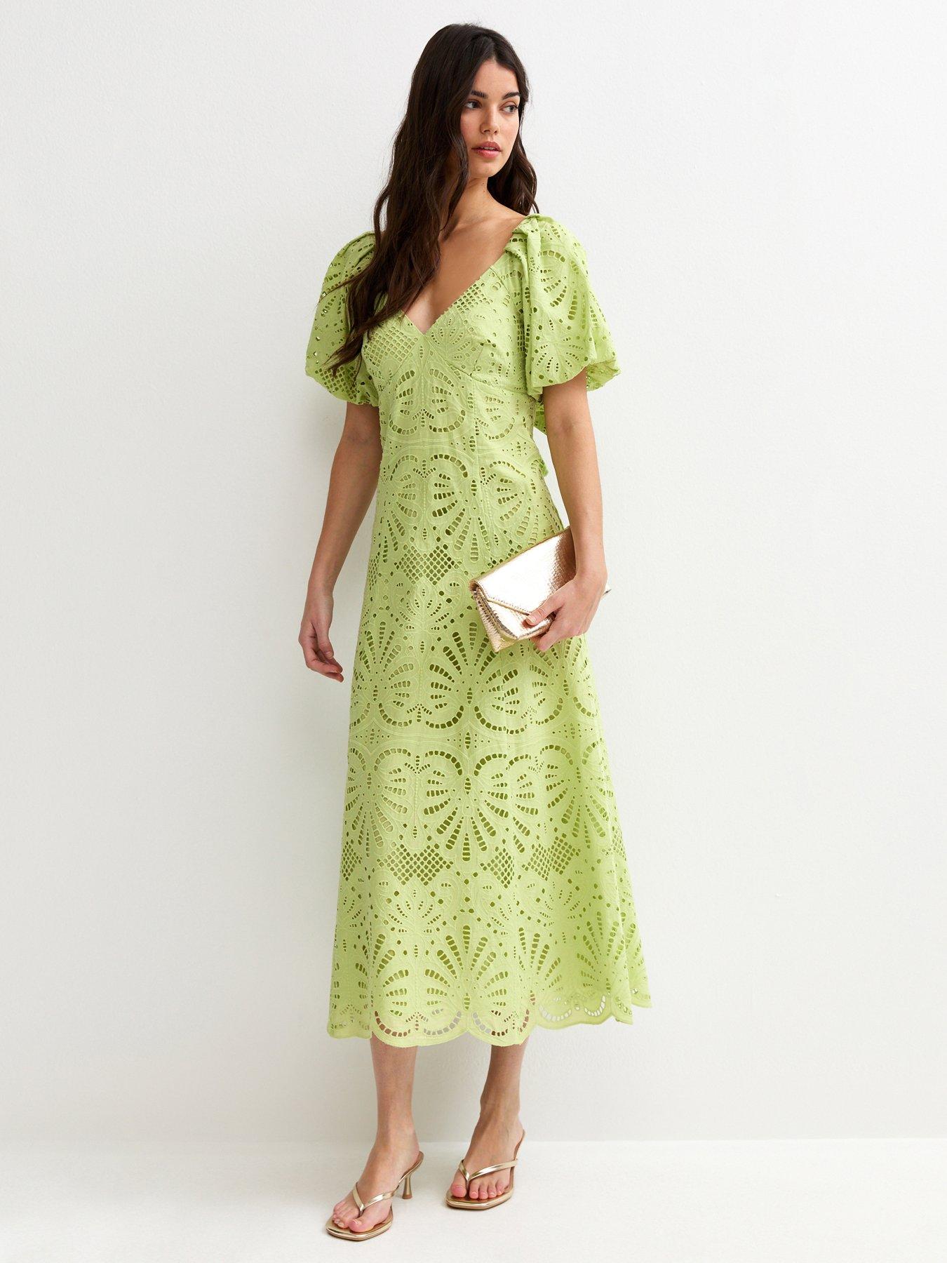 Image 1 of 5 of New Look Light Green Broderie Anglaise Puff Sleeve Midi Dress