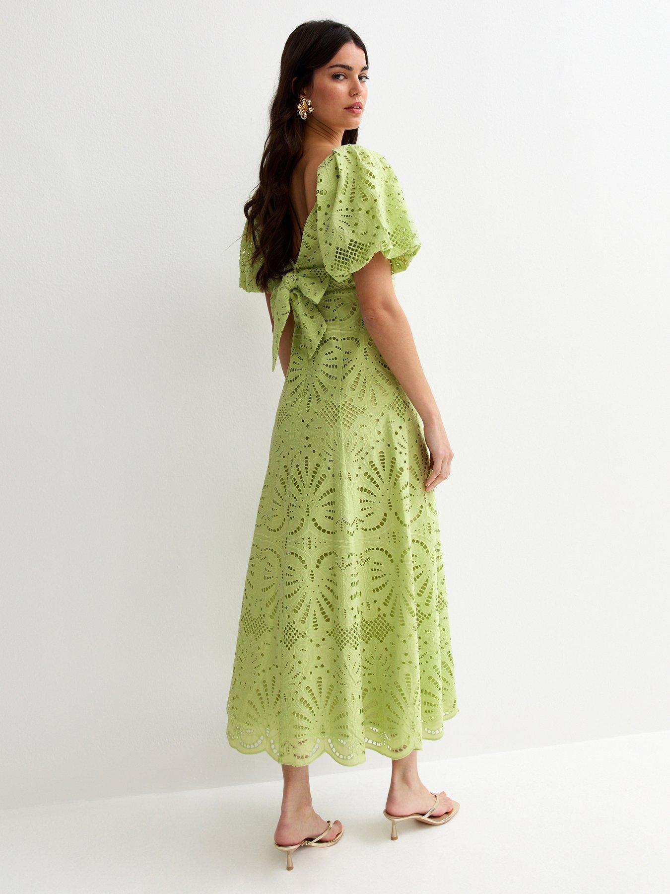 Image 2 of 5 of New Look Light Green Broderie Anglaise Puff Sleeve Midi Dress
