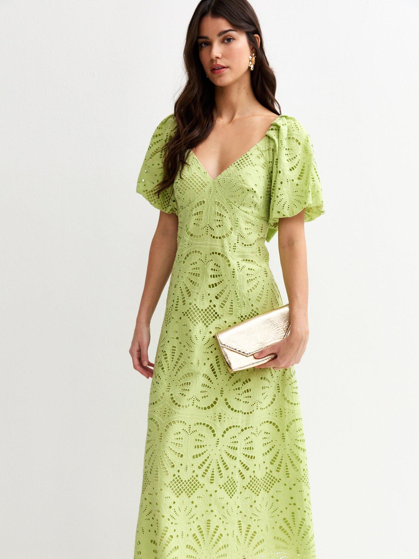 Image 3 of 5 of New Look Light Green Broderie Anglaise Puff Sleeve Midi Dress
