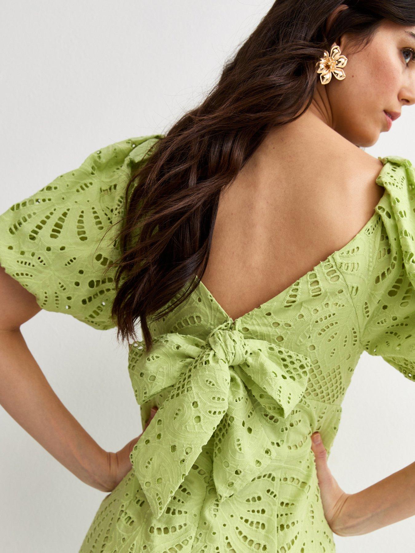 Image 4 of 5 of New Look Light Green Broderie Anglaise Puff Sleeve Midi Dress