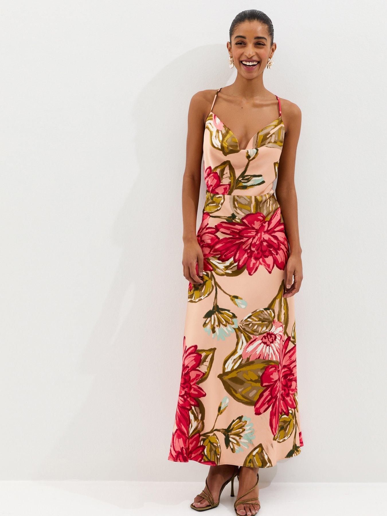 New Look Coral Satin Large Florals Cowl Neck Maxi Dress