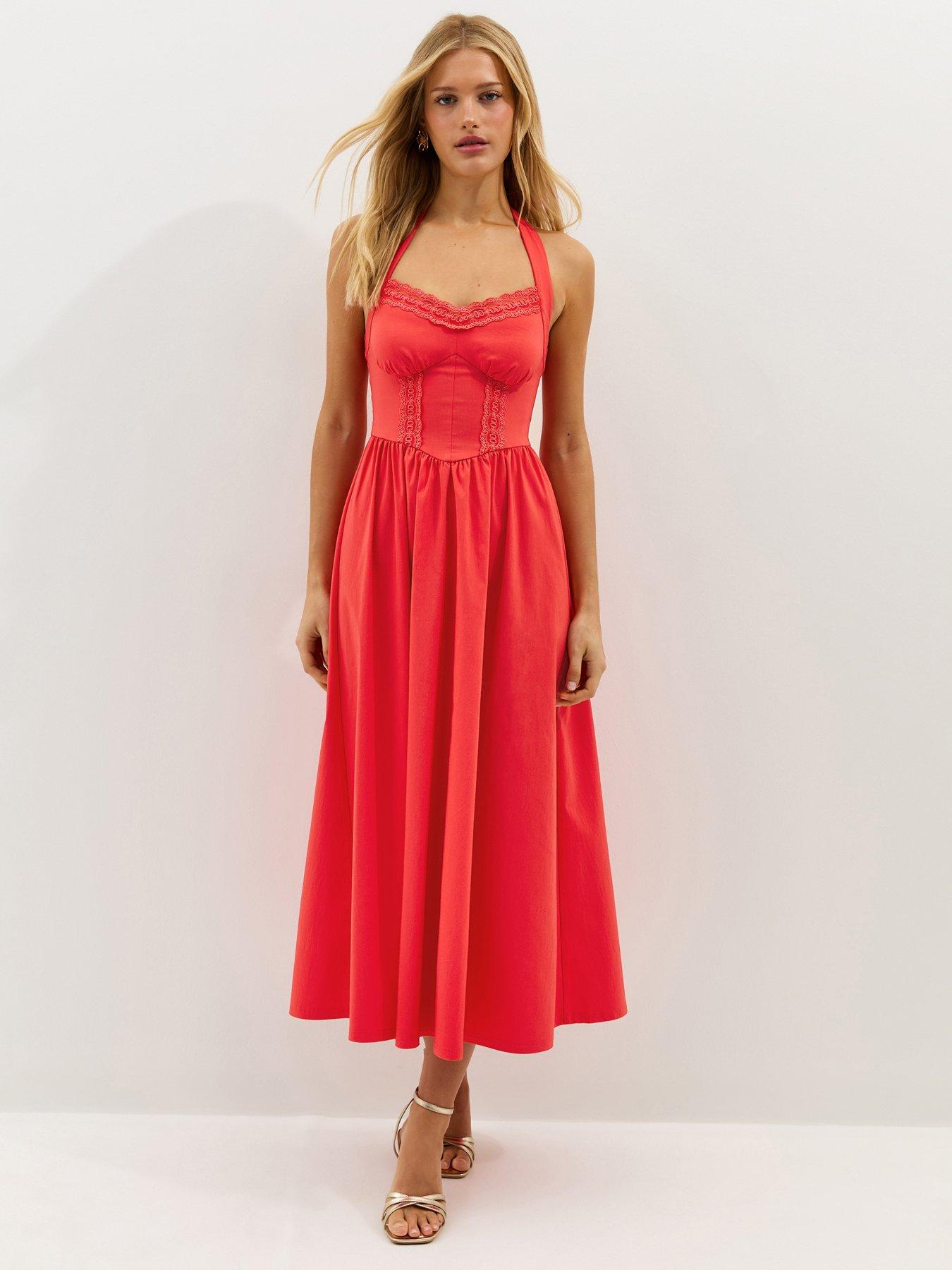 New Look Dark Coral Embroidered Halter Midi Dress
