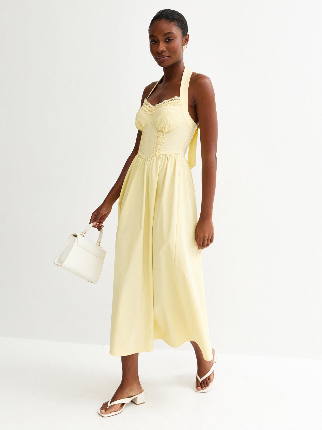 Image 1 of 5 of New Look Embroidered Halter Midi Dress - Light Yellow