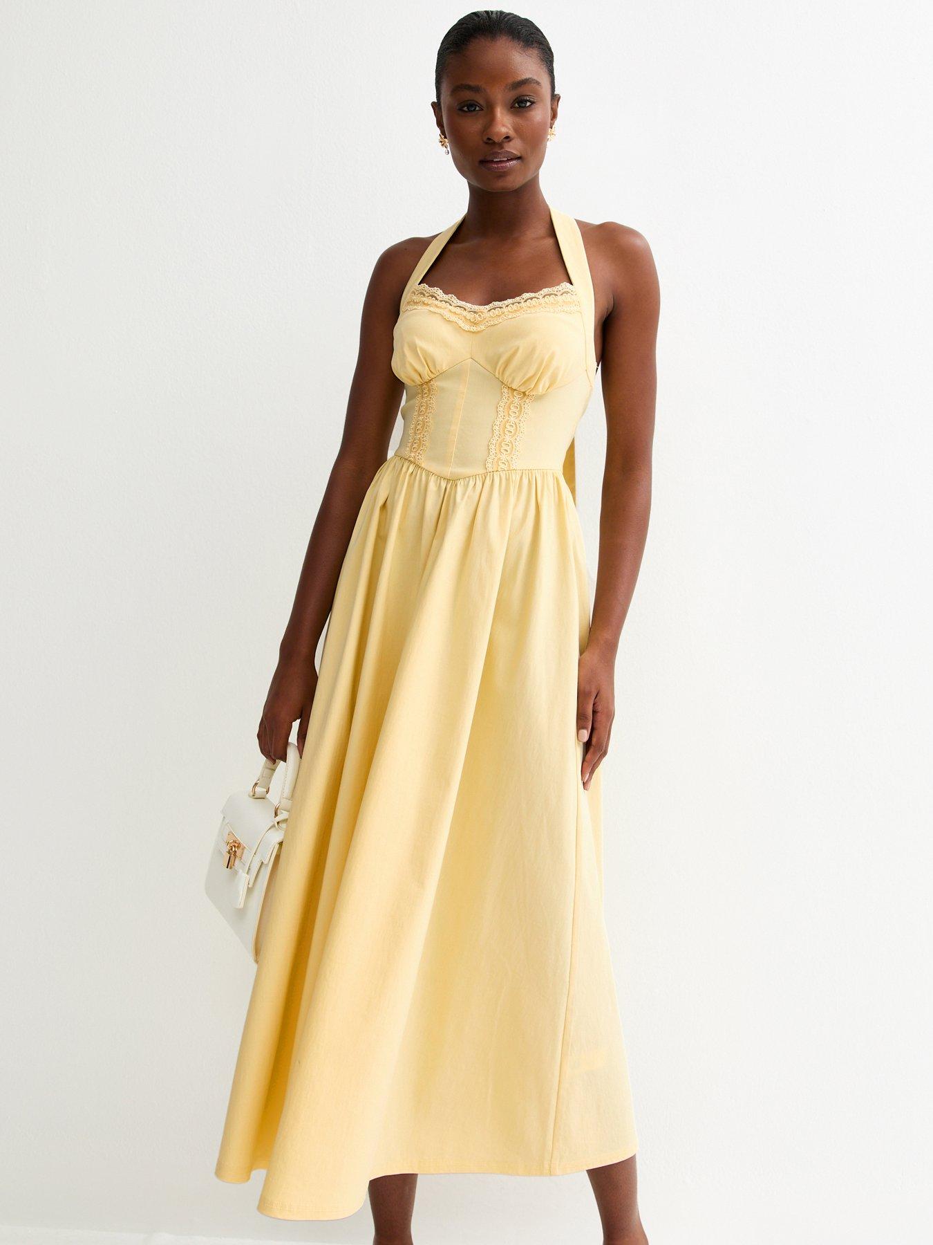 Image 3 of 5 of New Look Embroidered Halter Midi Dress - Light Yellow