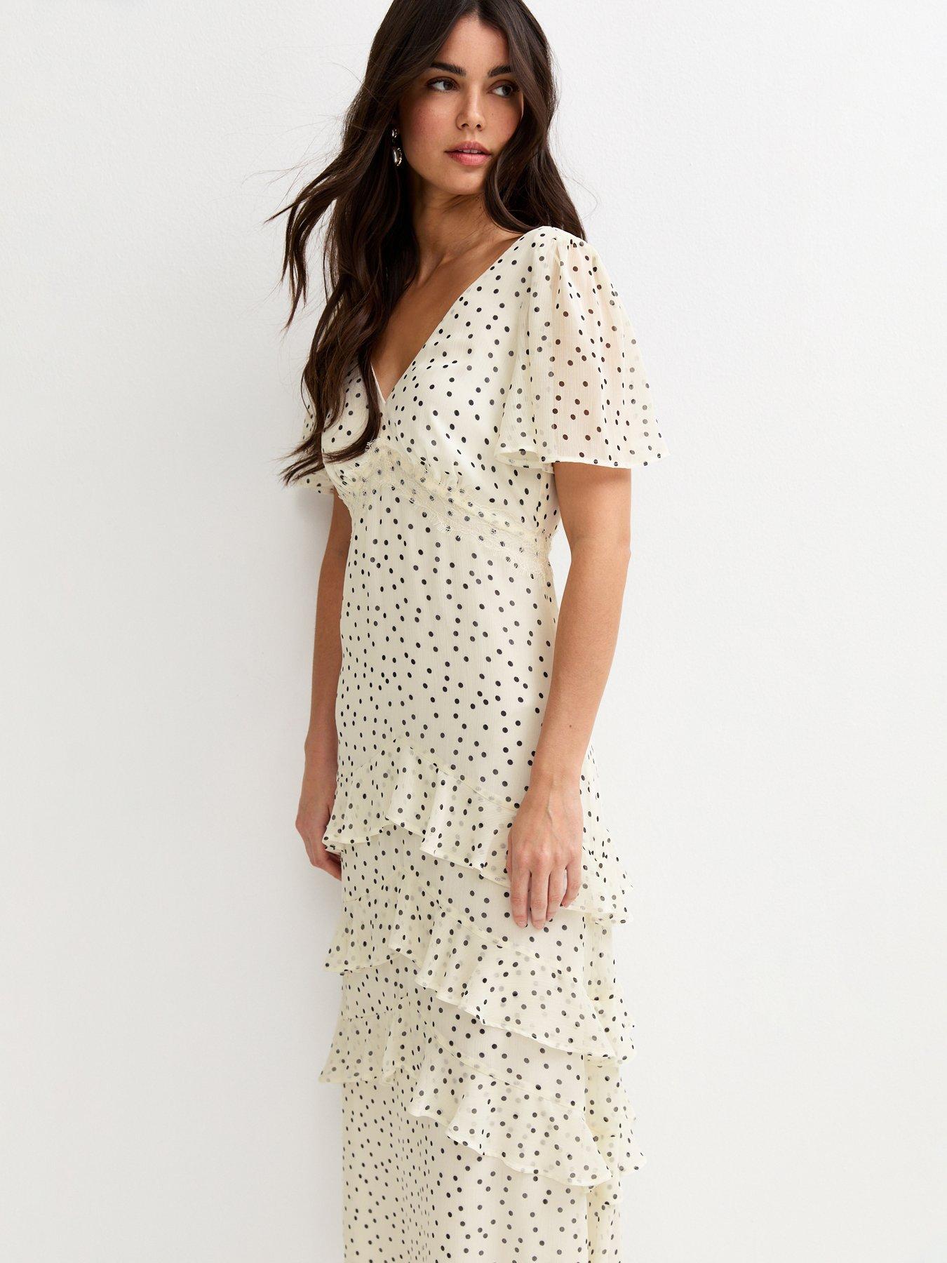 Image 3 of 5 of New Look Cream Polka Dot Chiffon Tiered Midi Dress