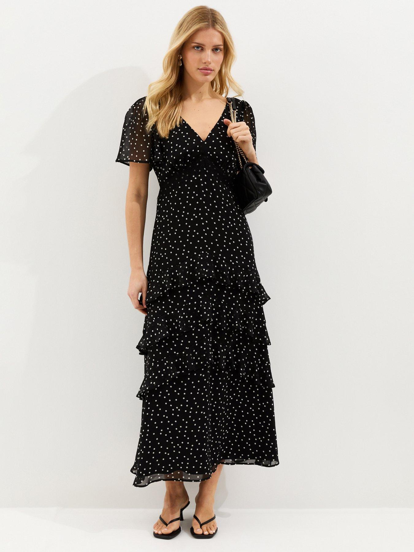 Image 1 of 5 of New Look Black Polka Dot Chiffon Tiered Midi Dress