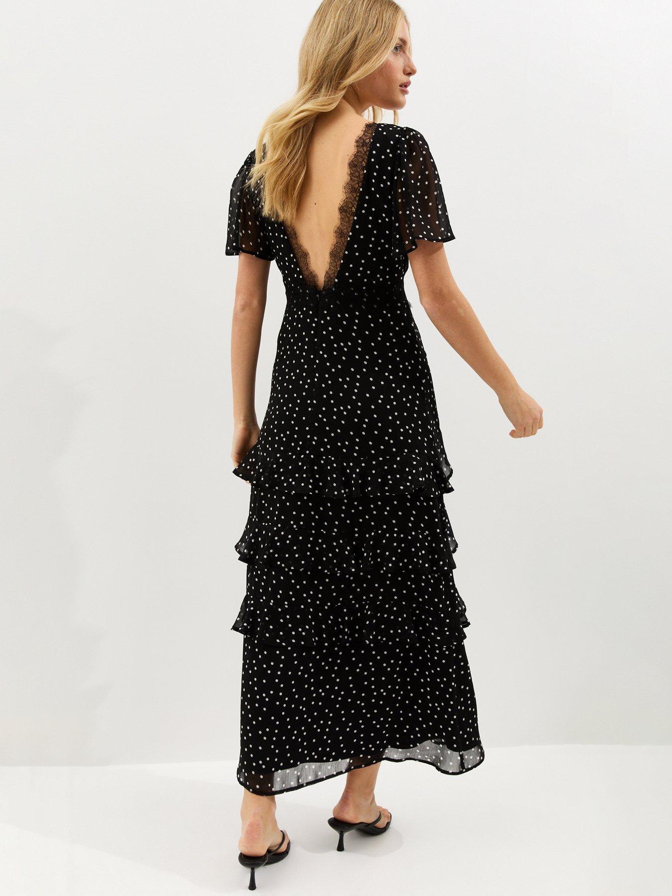 Image 2 of 5 of New Look Black Polka Dot Chiffon Tiered Midi Dress