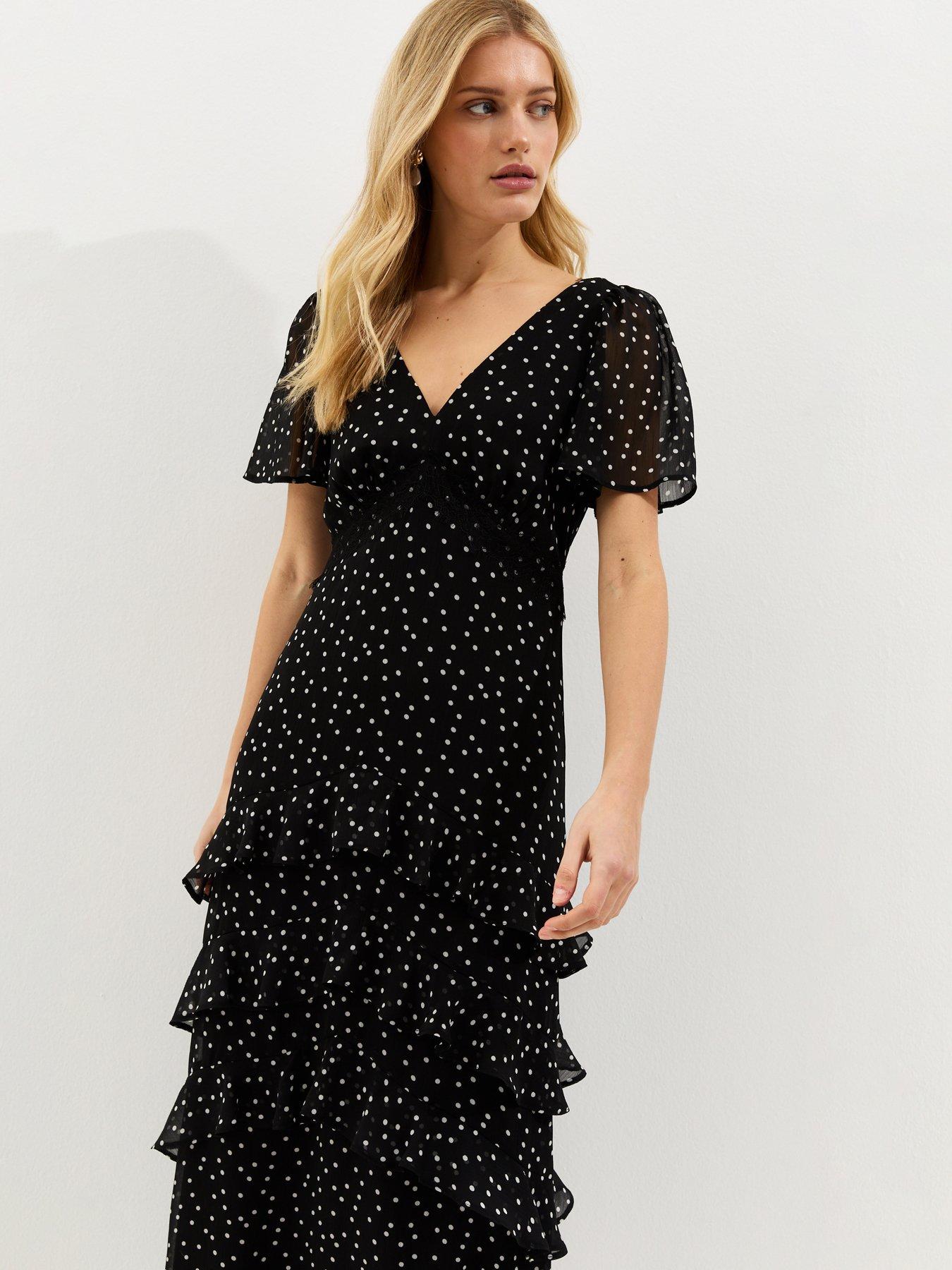 Image 3 of 5 of New Look Black Polka Dot Chiffon Tiered Midi Dress