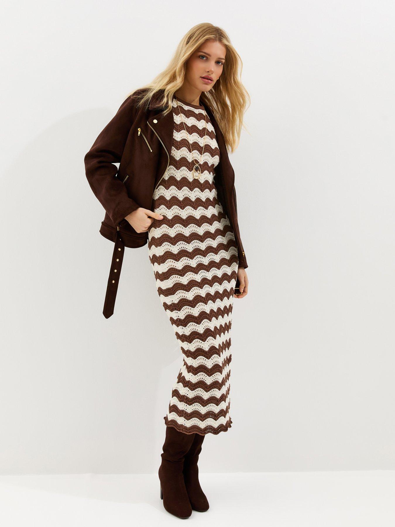 New Look Cotton Rich Knit Sleeveless Zig Zag Beach Maxi Dress - Brown