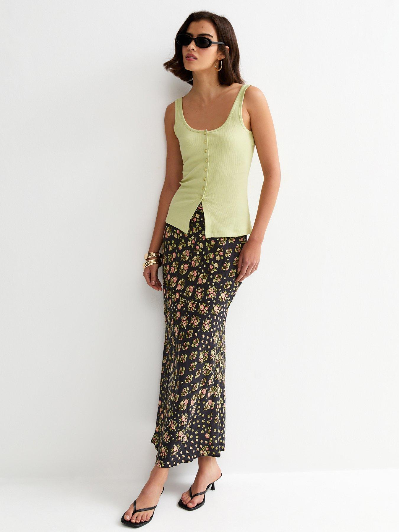 Image 1 of 5 of New Look Floral Bias Cut Midi Skirt - Black