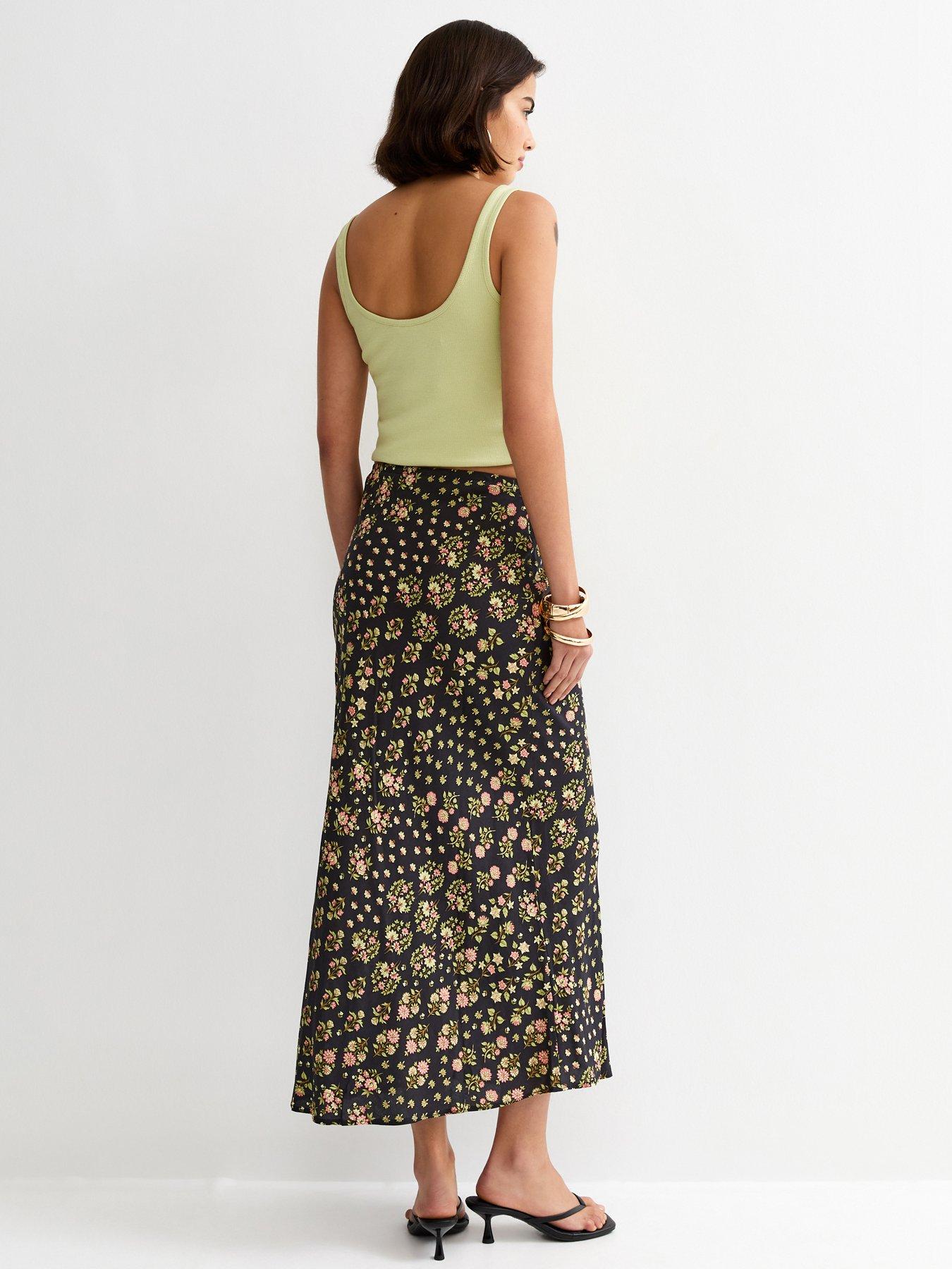Image 2 of 5 of New Look Floral Bias Cut Midi Skirt - Black