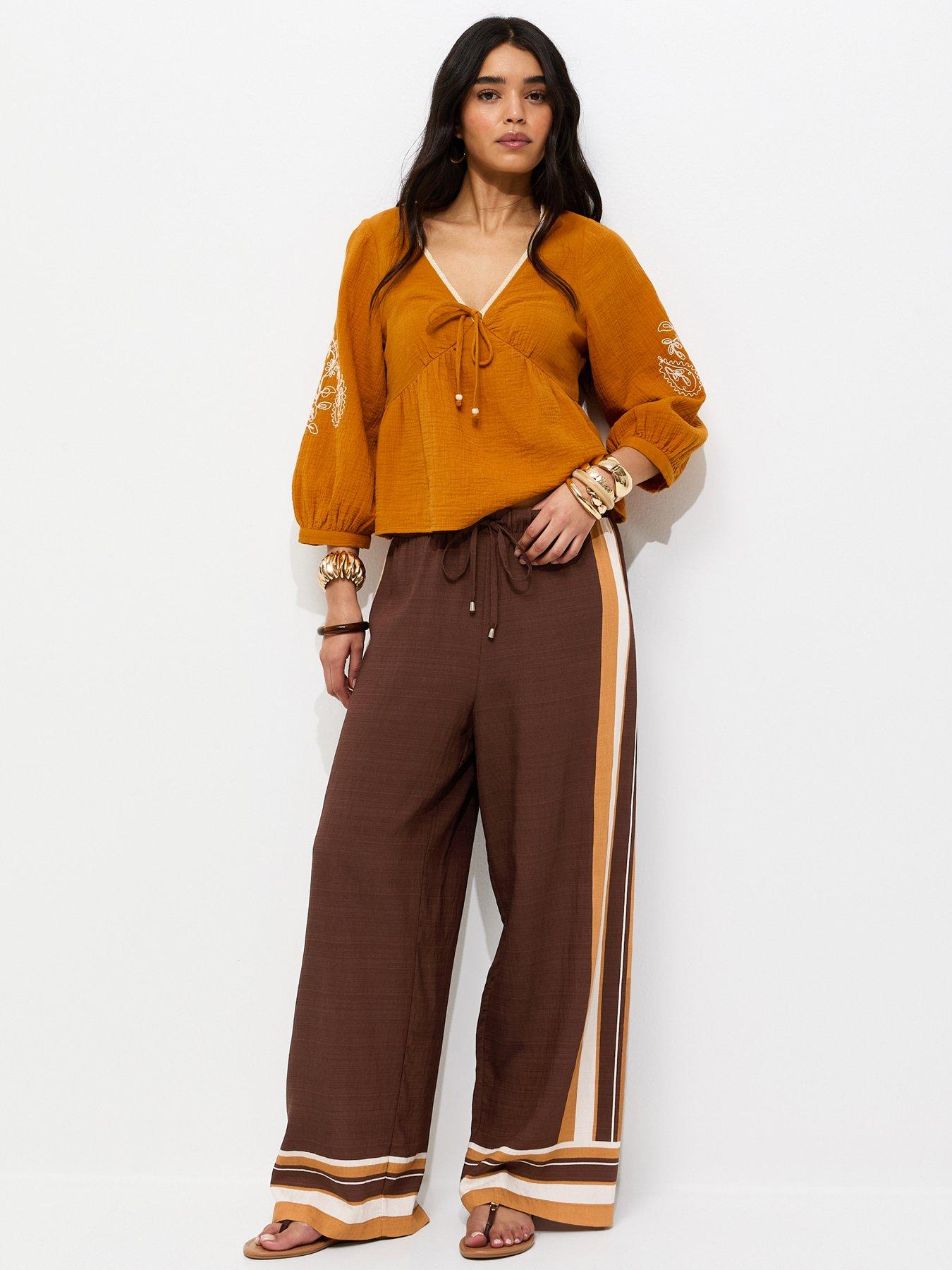 New Look Brown Border Stripe Wide Leg Trousers