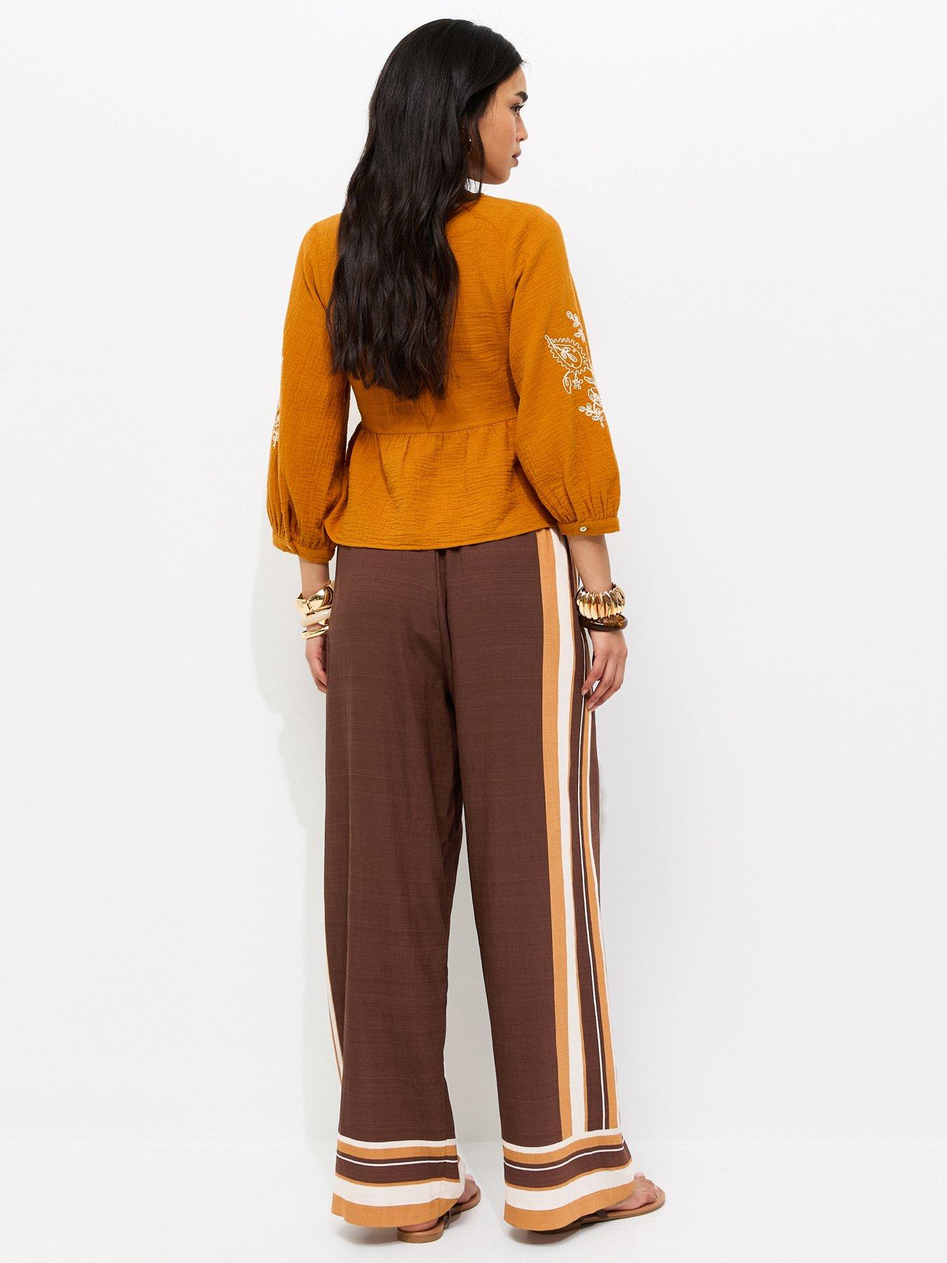 Image 2 of 4 of New Look Border Stripe Wide Leg Trousers - Brown