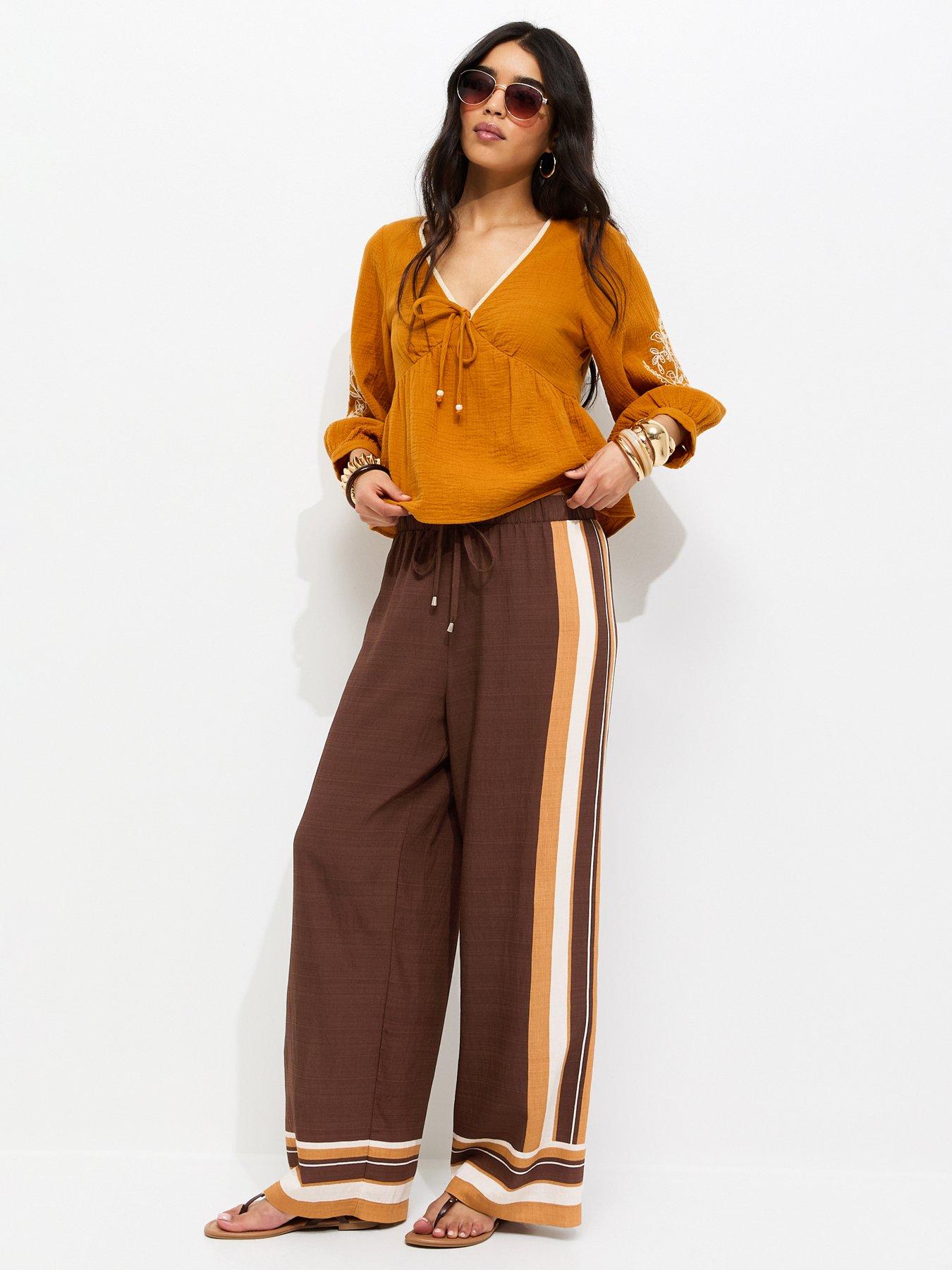 Image 3 of 4 of New Look Border Stripe Wide Leg Trousers - Brown