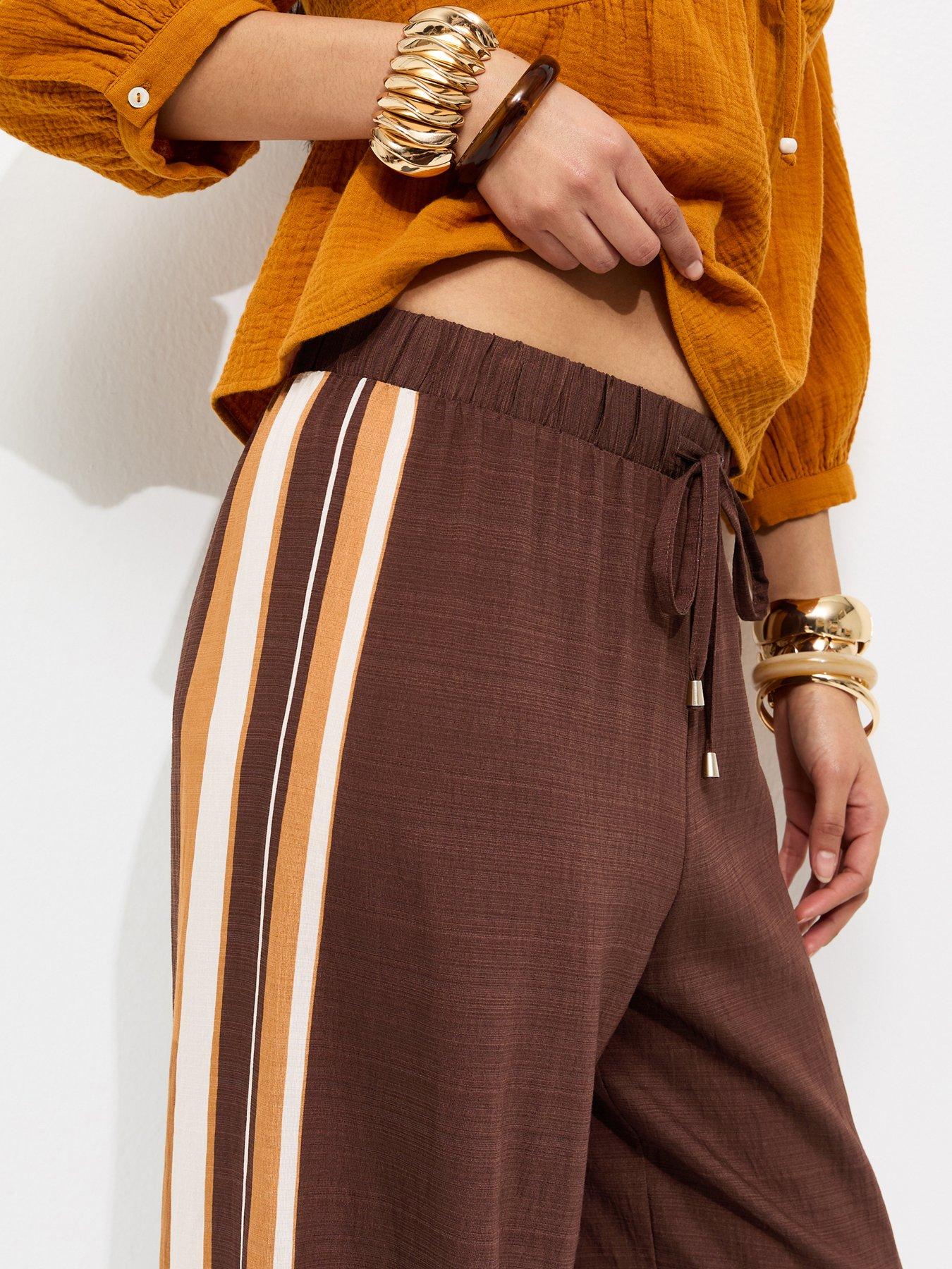 Image 4 of 4 of New Look Border Stripe Wide Leg Trousers - Brown
