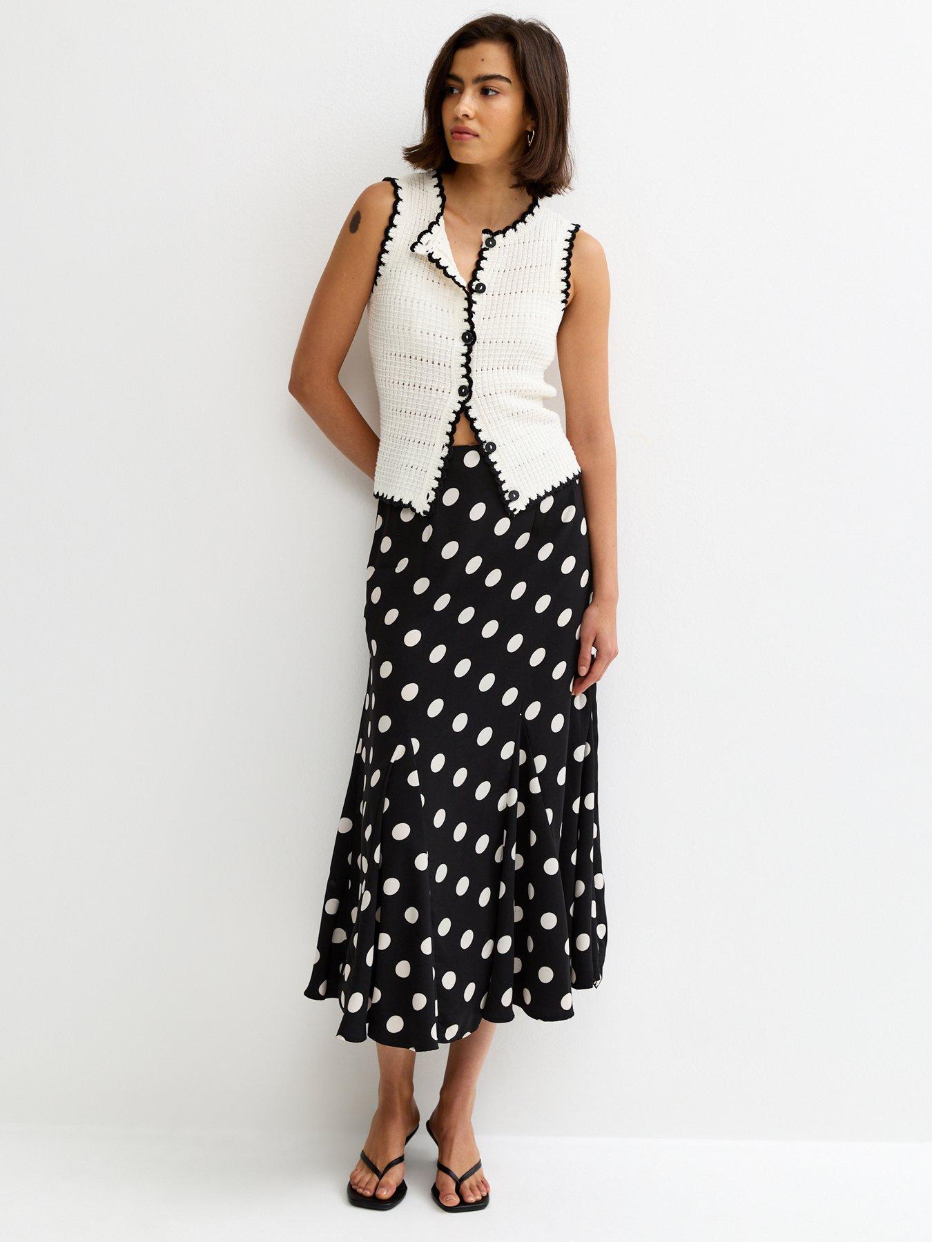New Look Polka Dot Godet Midi Skirt - Black