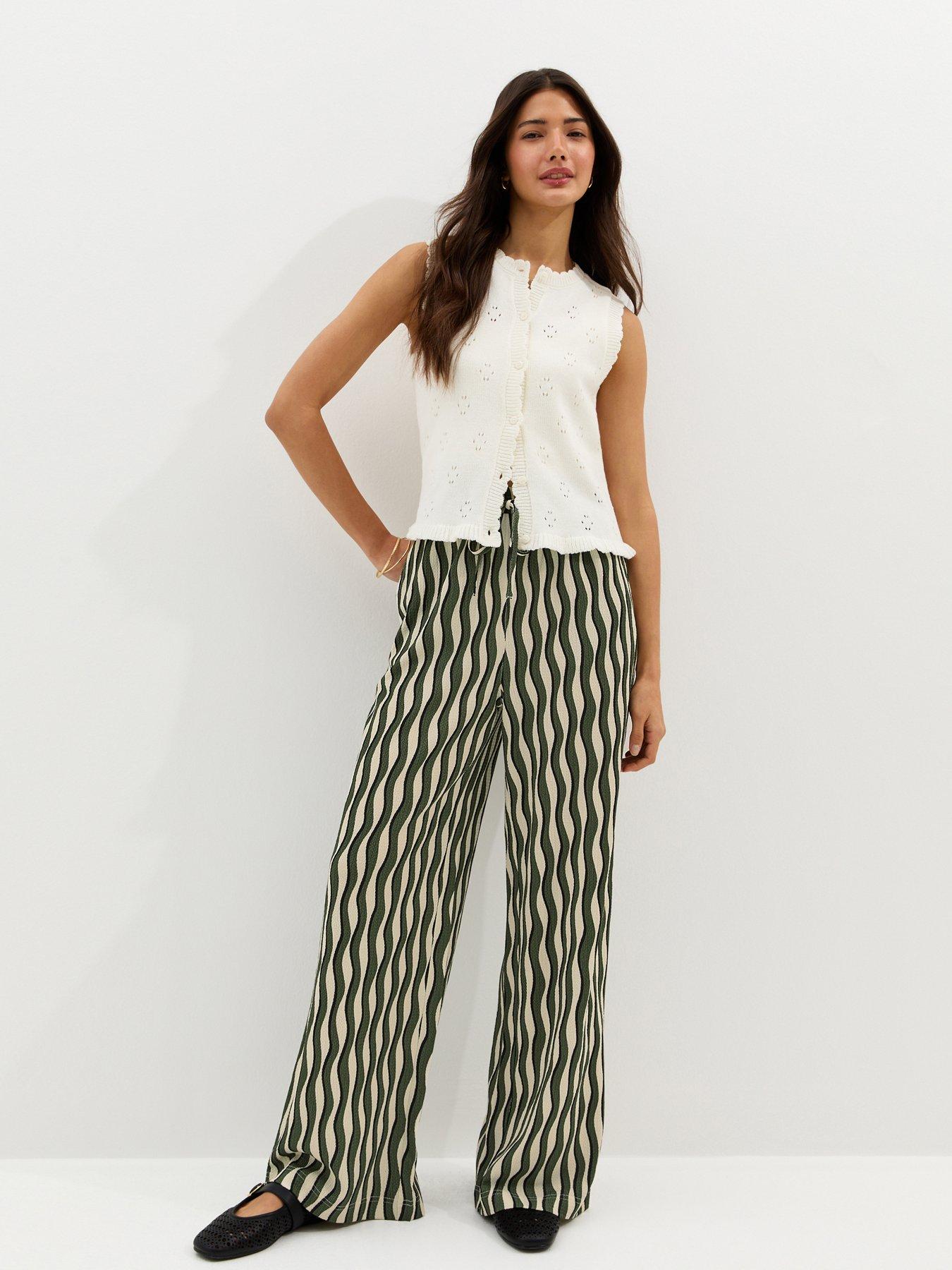 Image 1 of 5 of New Look Jersey Wave Patterned Wide Leg Trousers - Green