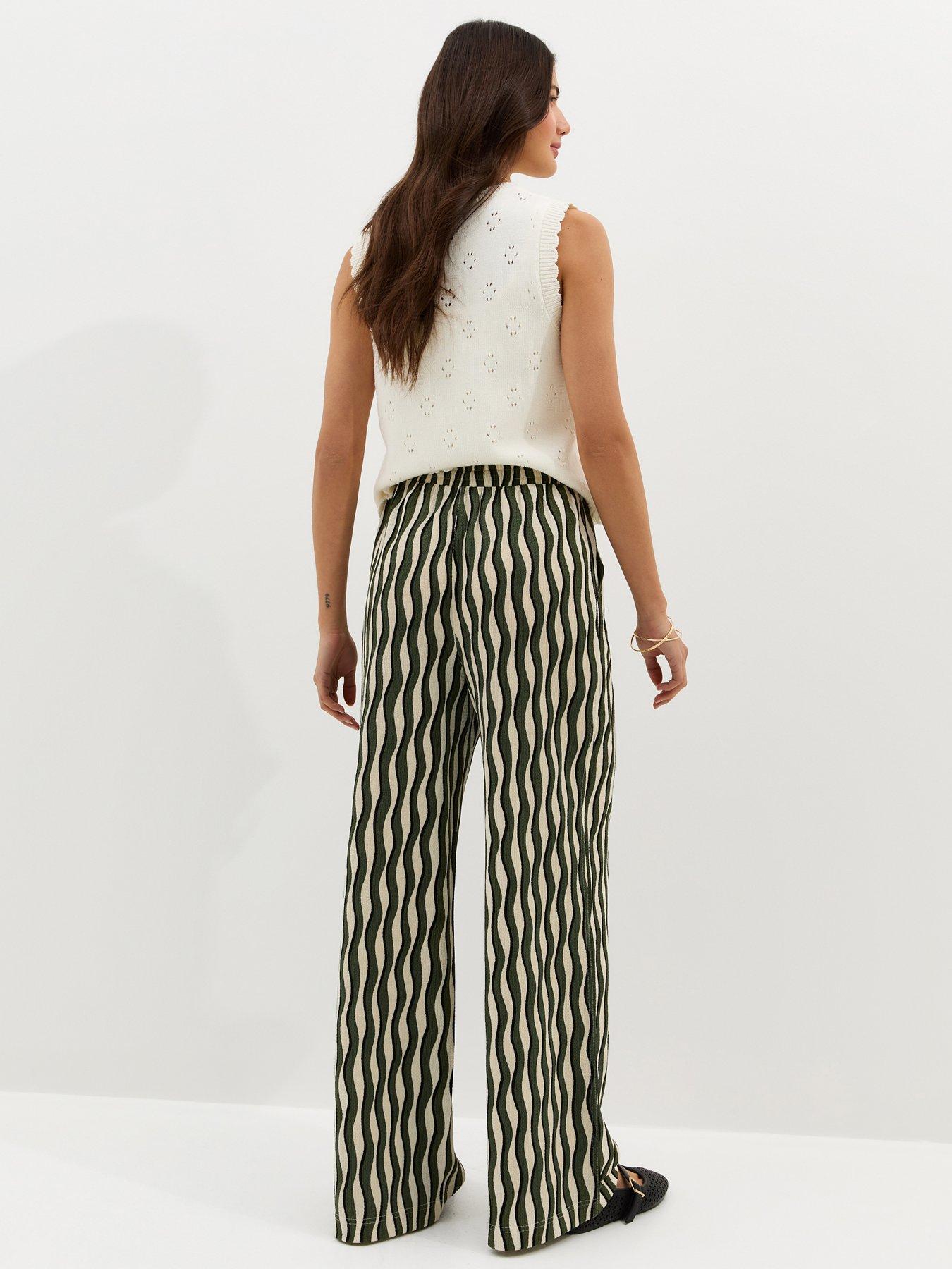 Image 2 of 5 of New Look Jersey Wave Patterned Wide Leg Trousers - Green