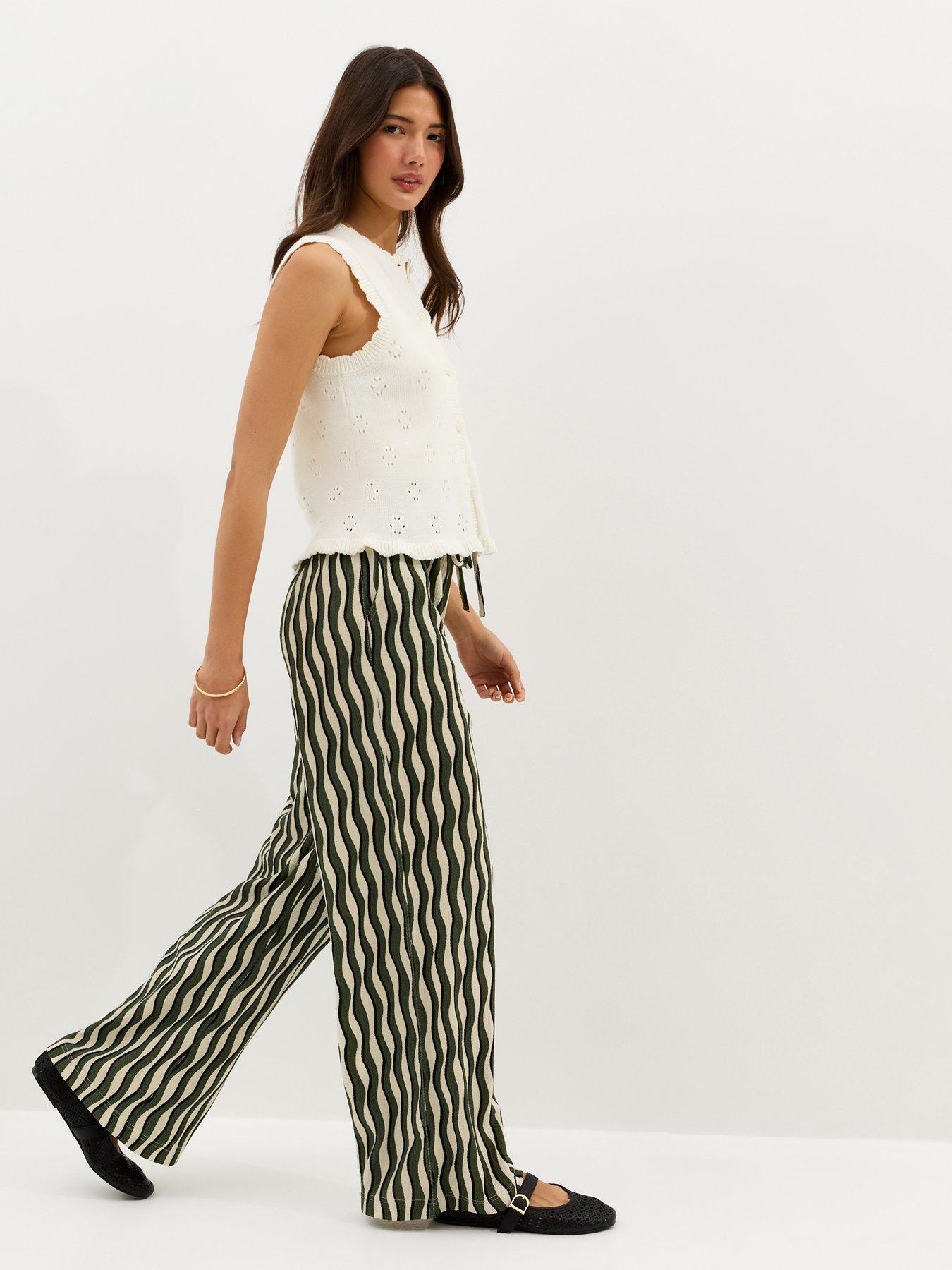 Image 3 of 5 of New Look Jersey Wave Patterned Wide Leg Trousers - Green