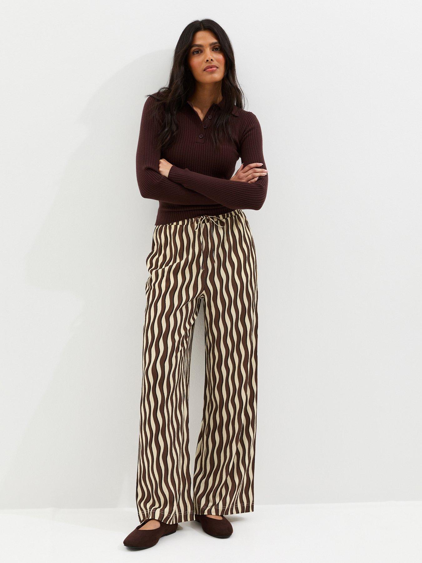 New Look Jersey Wave Patterned Wide Leg Trousers - Brown