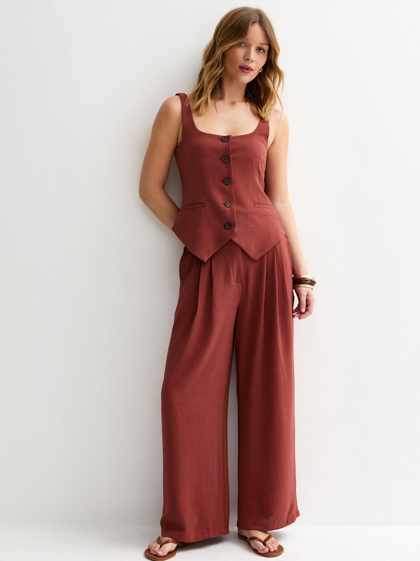 New Look Red Wide Leg Pleated Trousers - Brown