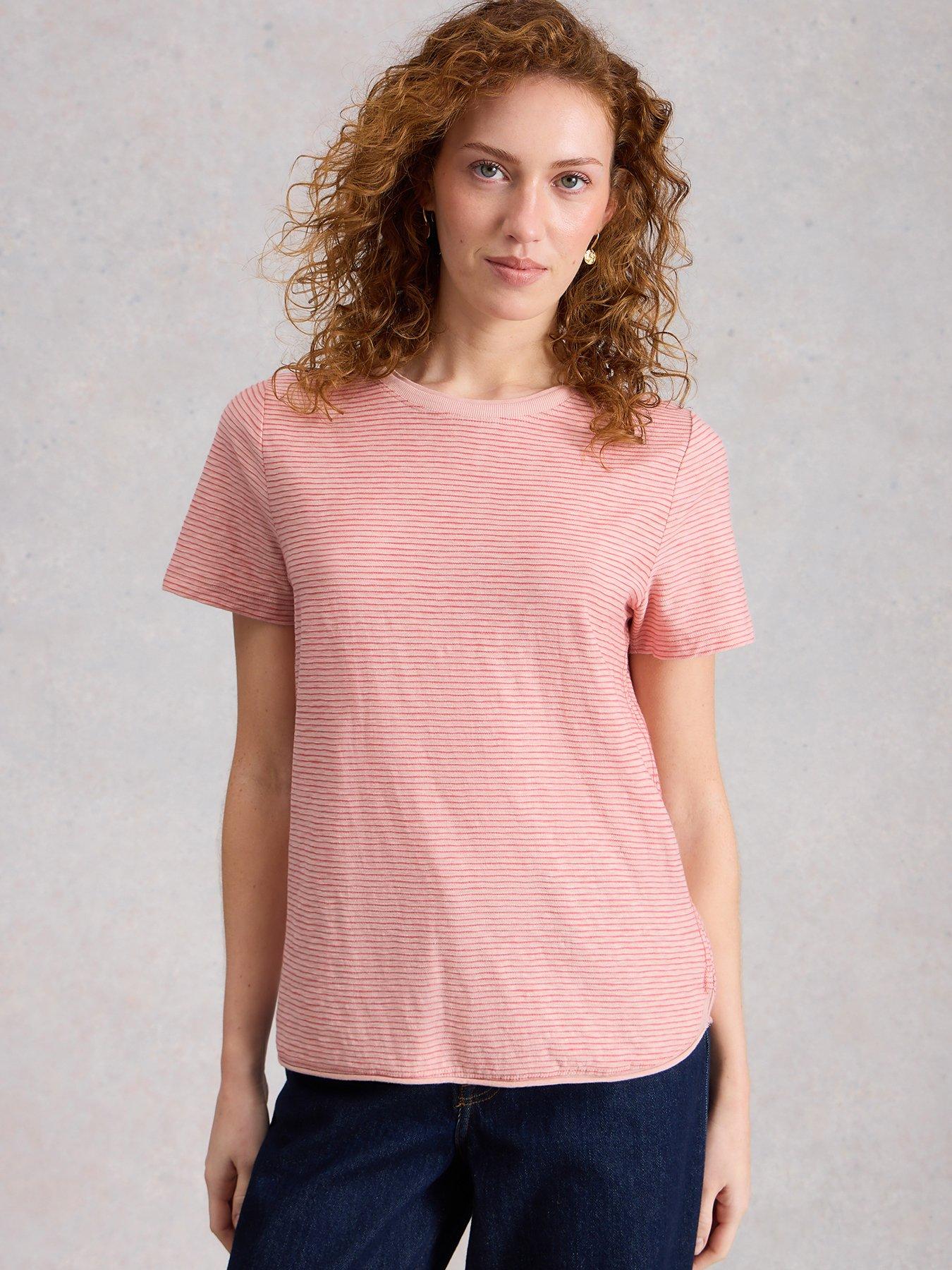 White Stuff Clara Texture Short Sleeve T-Shirt, Pink, Size 16, Women