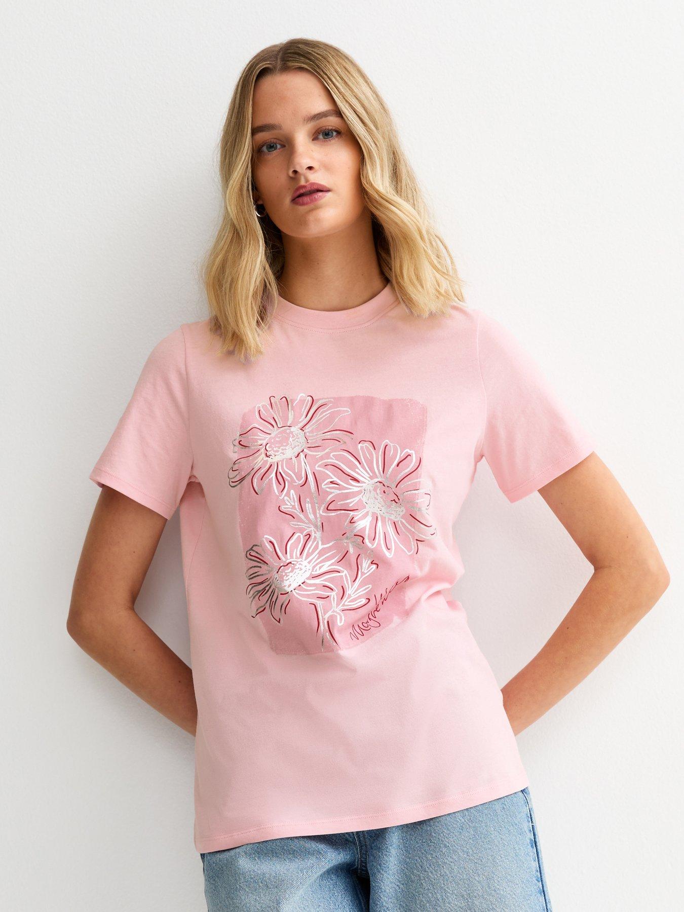 New Look Light Pink Foiled Flower Print T-shirt