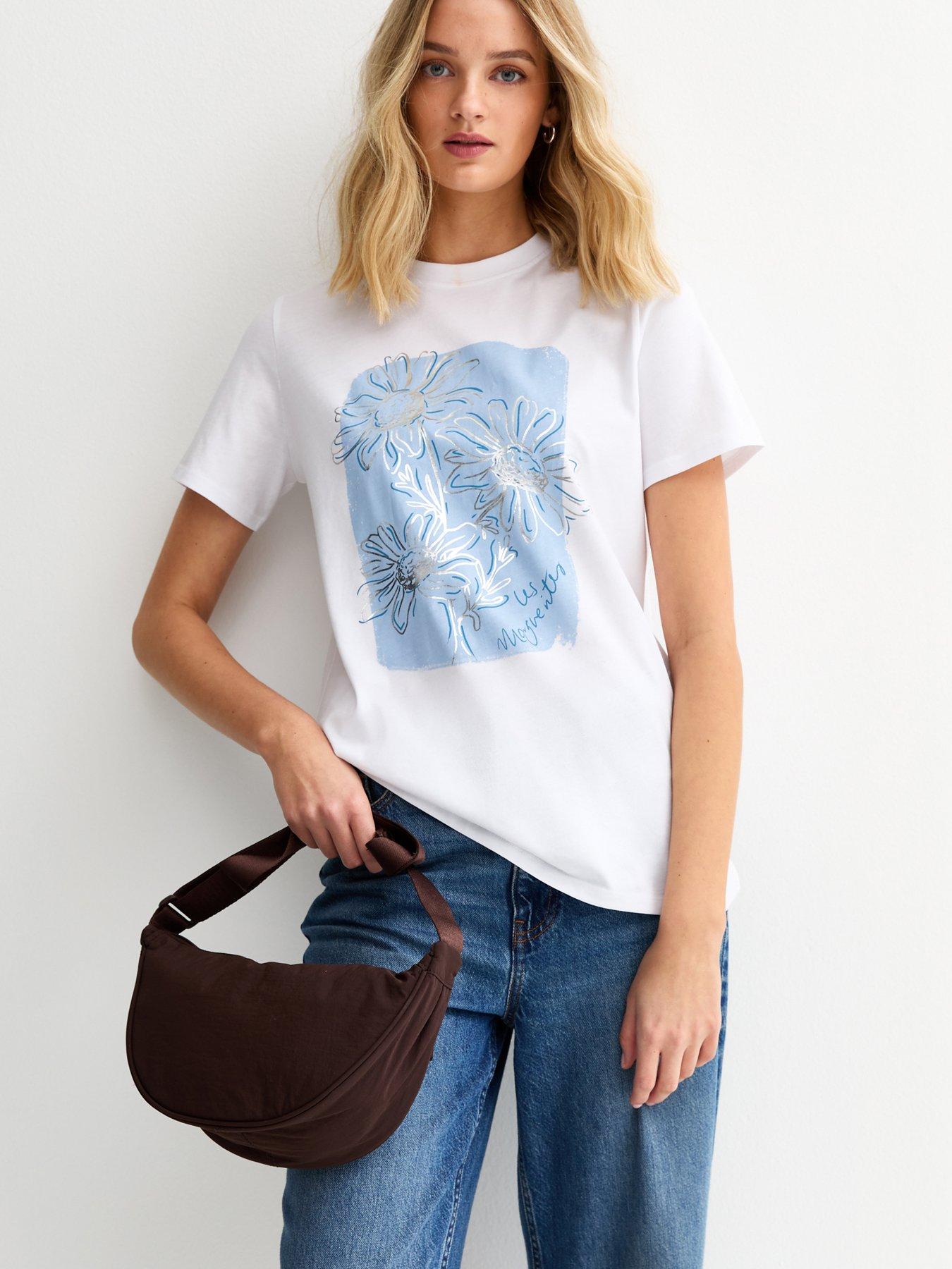 New Look Light Blue Foiled Flower Print T-shirt