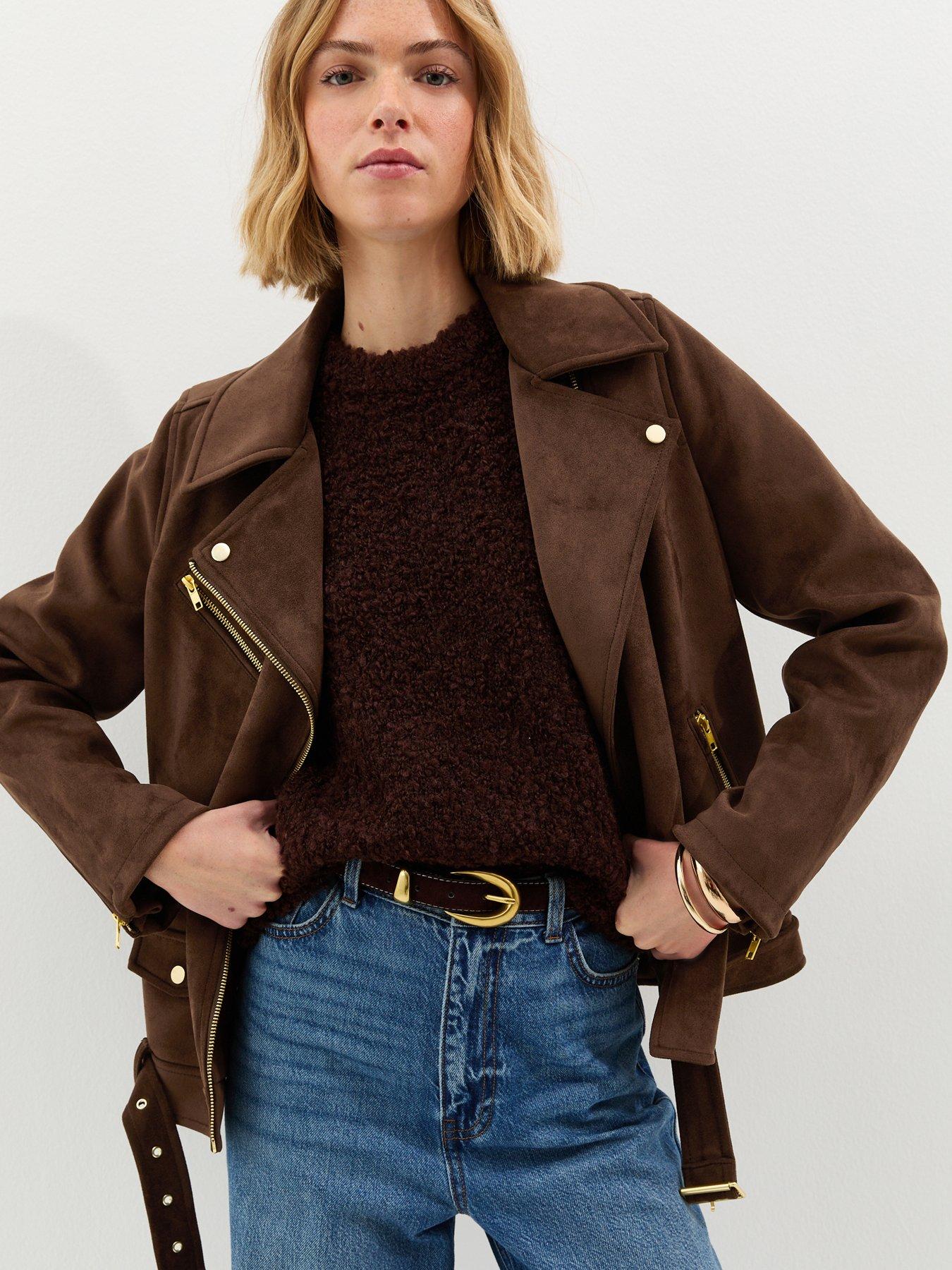 New Look Dark Brown Oversized Faux Suede Biker Jacket