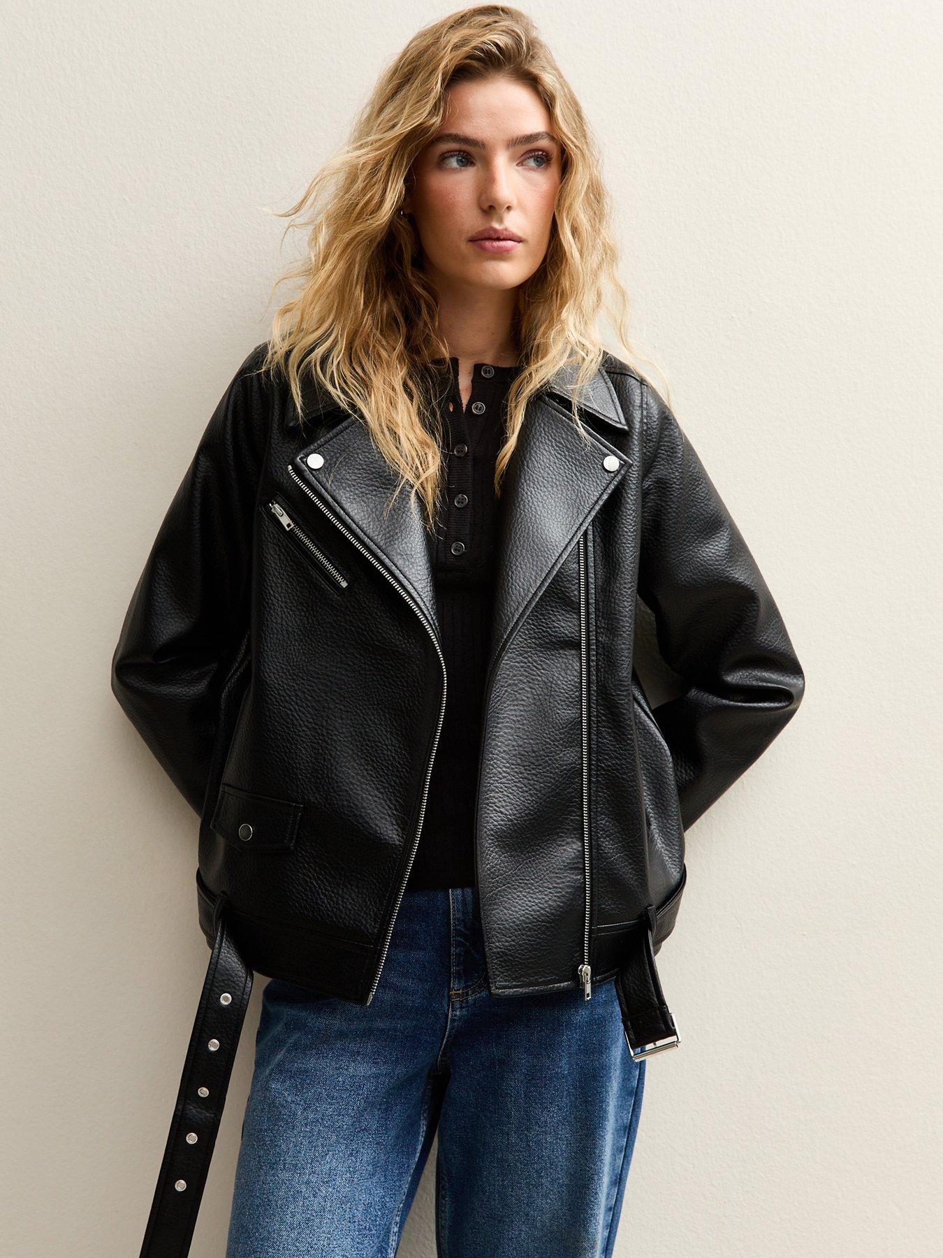 New Look Black Faux Leather Textured Oversized Biker Jacket
