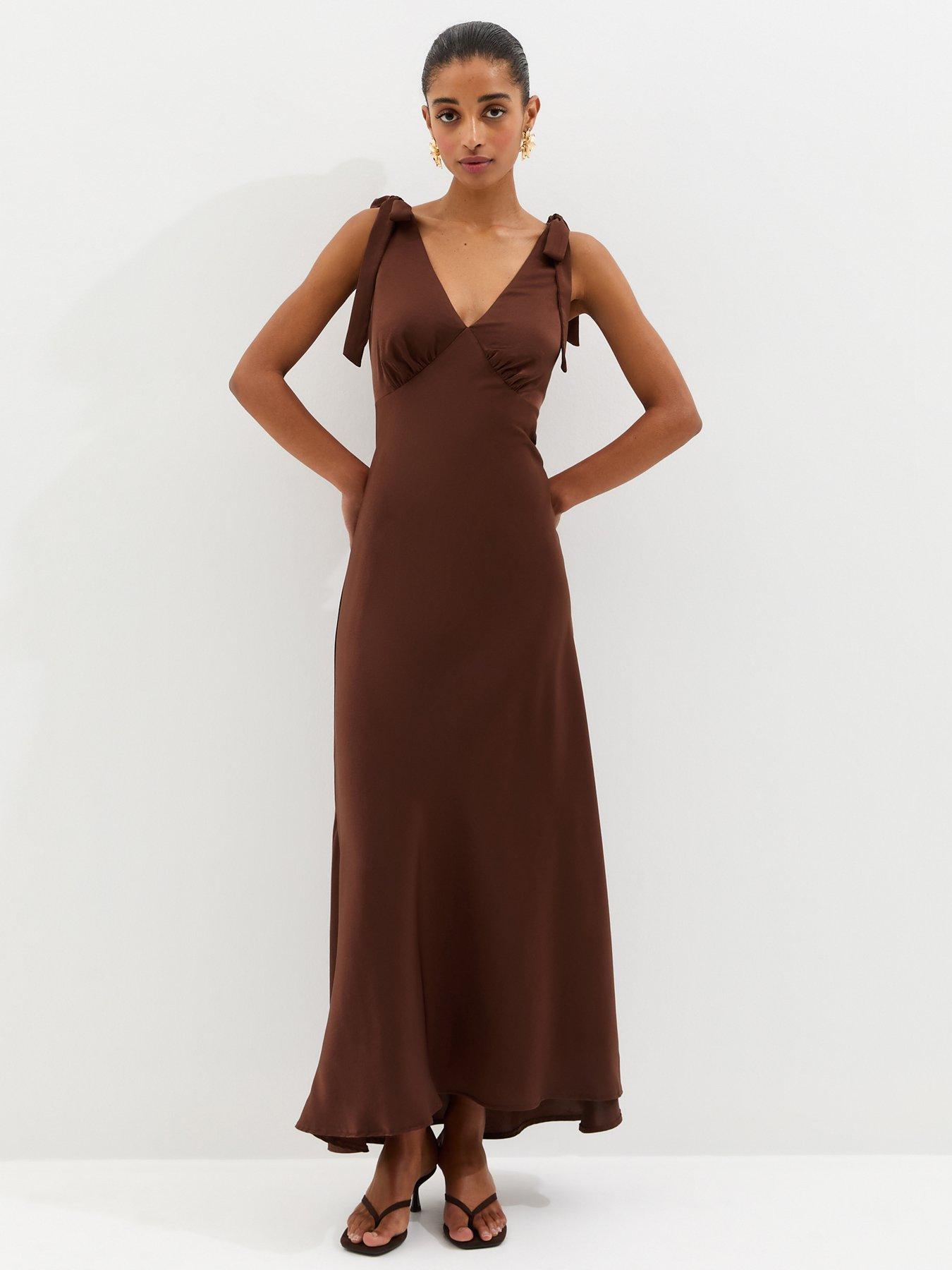 New Look Tie Shoulder Plunge Maxi Dress - Brown