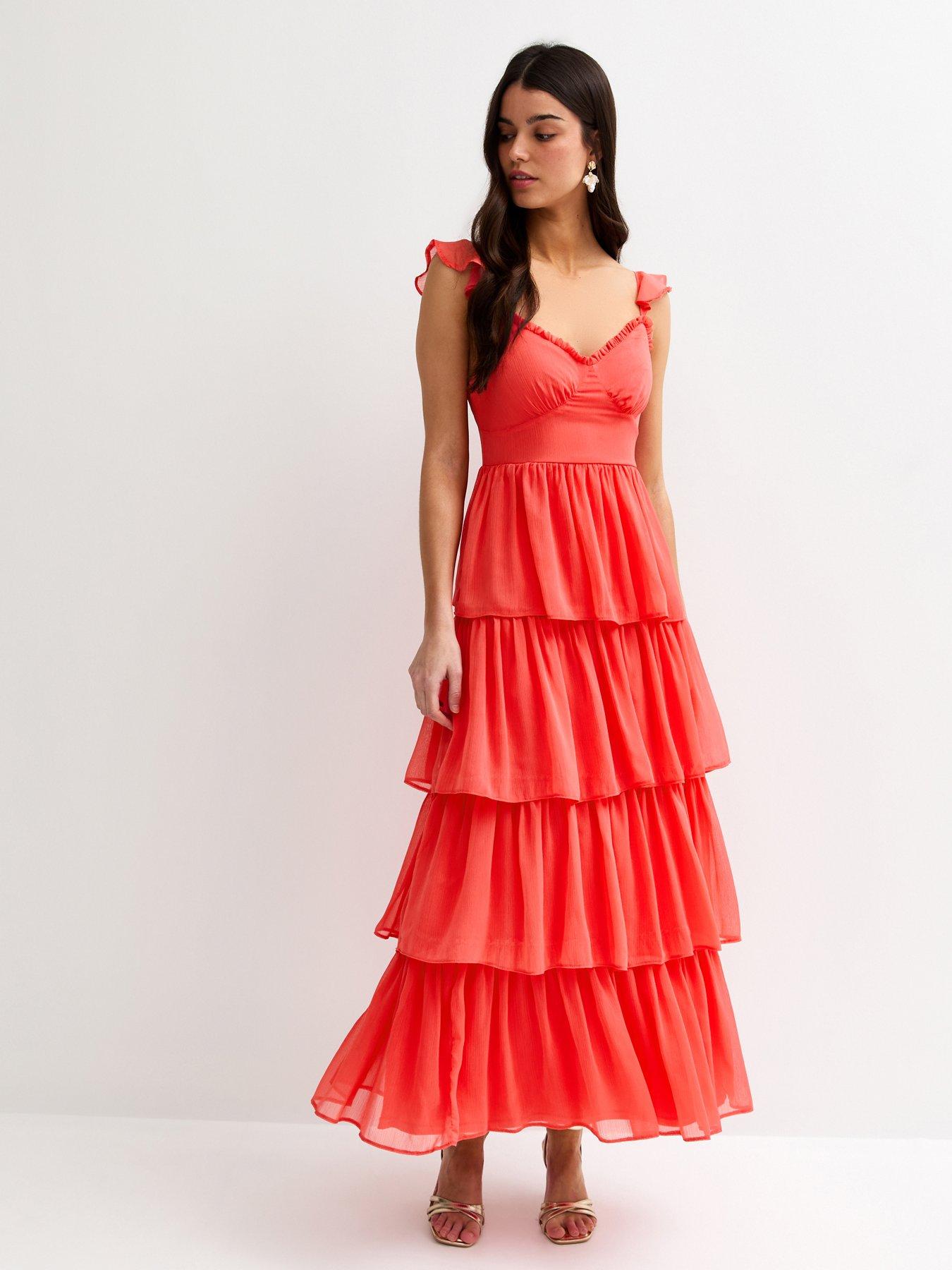 New Look Tiered Chiffon Midi Dress - Coral