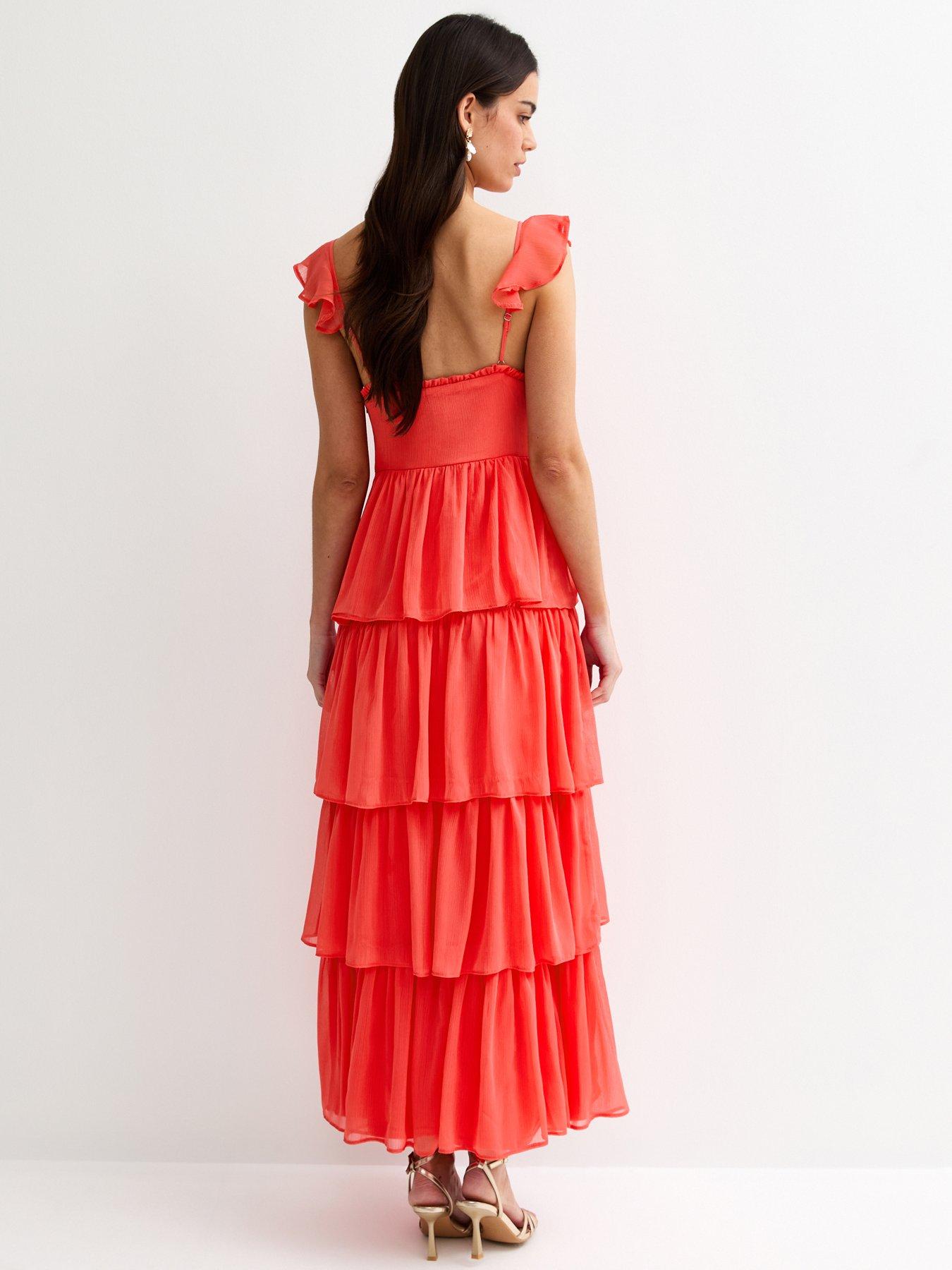 Image 2 of 6 of New Look Tiered Chiffon Midi Dress - Coral