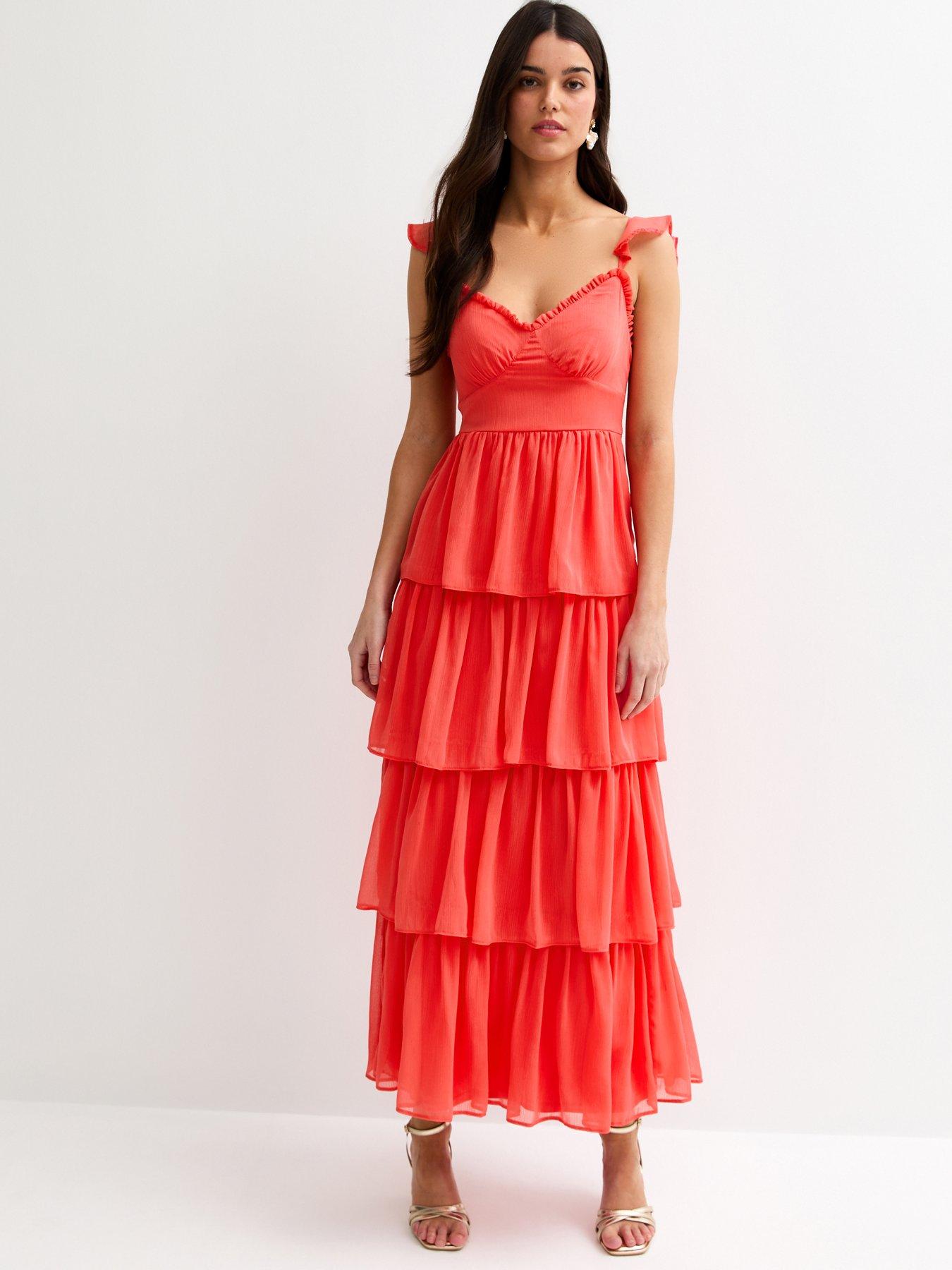 Image 3 of 6 of New Look Tiered Chiffon Midi Dress - Coral