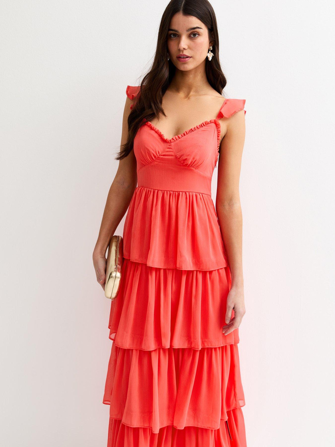 Image 4 of 6 of New Look Tiered Chiffon Midi Dress - Coral