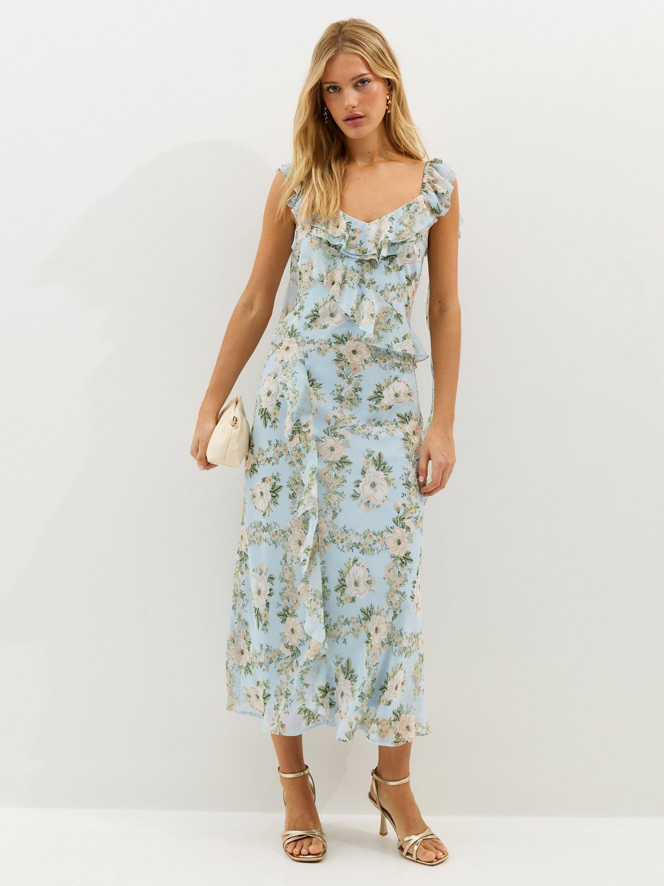 New Look Floral Chiffon Ruffle Midi Dress - Light Blue