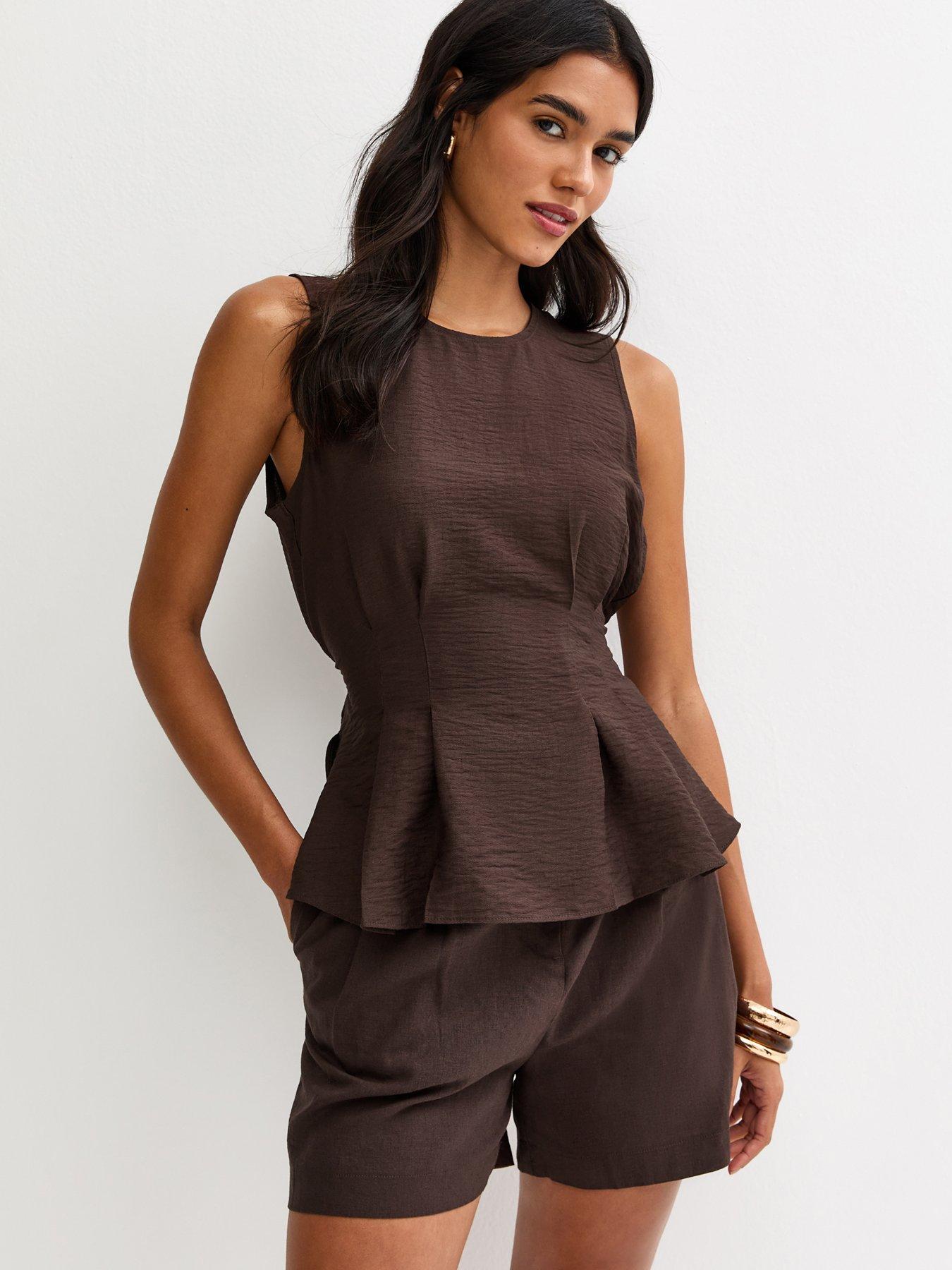 Image 1 of 4 of New Look Flared Hem Sleeveless Top - Dark Brown