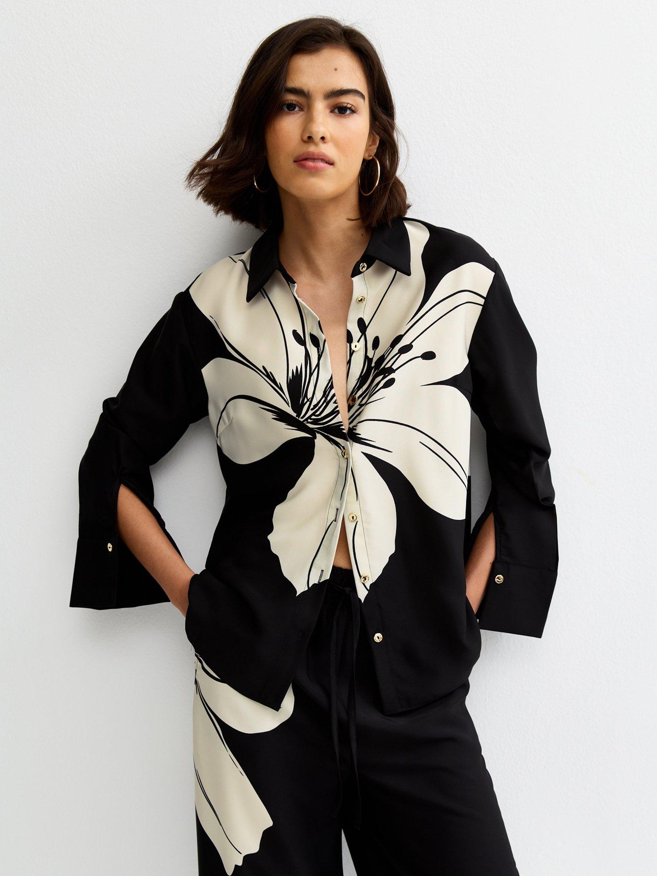 New Look Black Soft Touch Large Lily Print Long Sleeve Shirt
