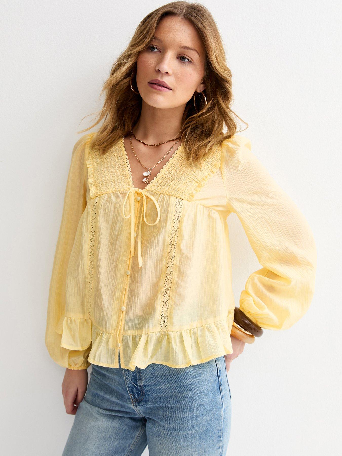 New Look Lace Button Long Sleeve Blouse - Light Yellow