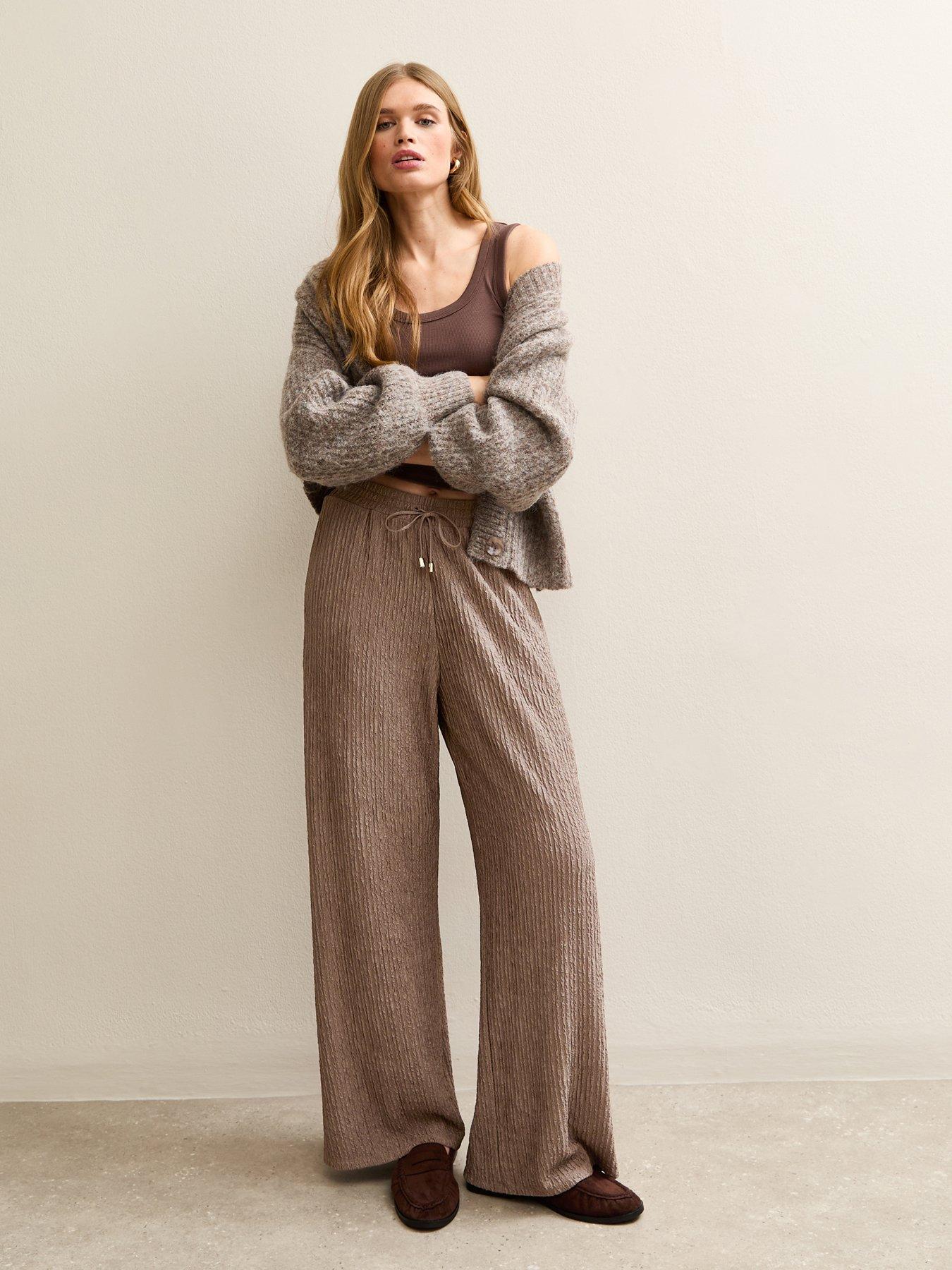 New Look Mink Crinkled Drawstring Wide Leg Trousers - Brown
