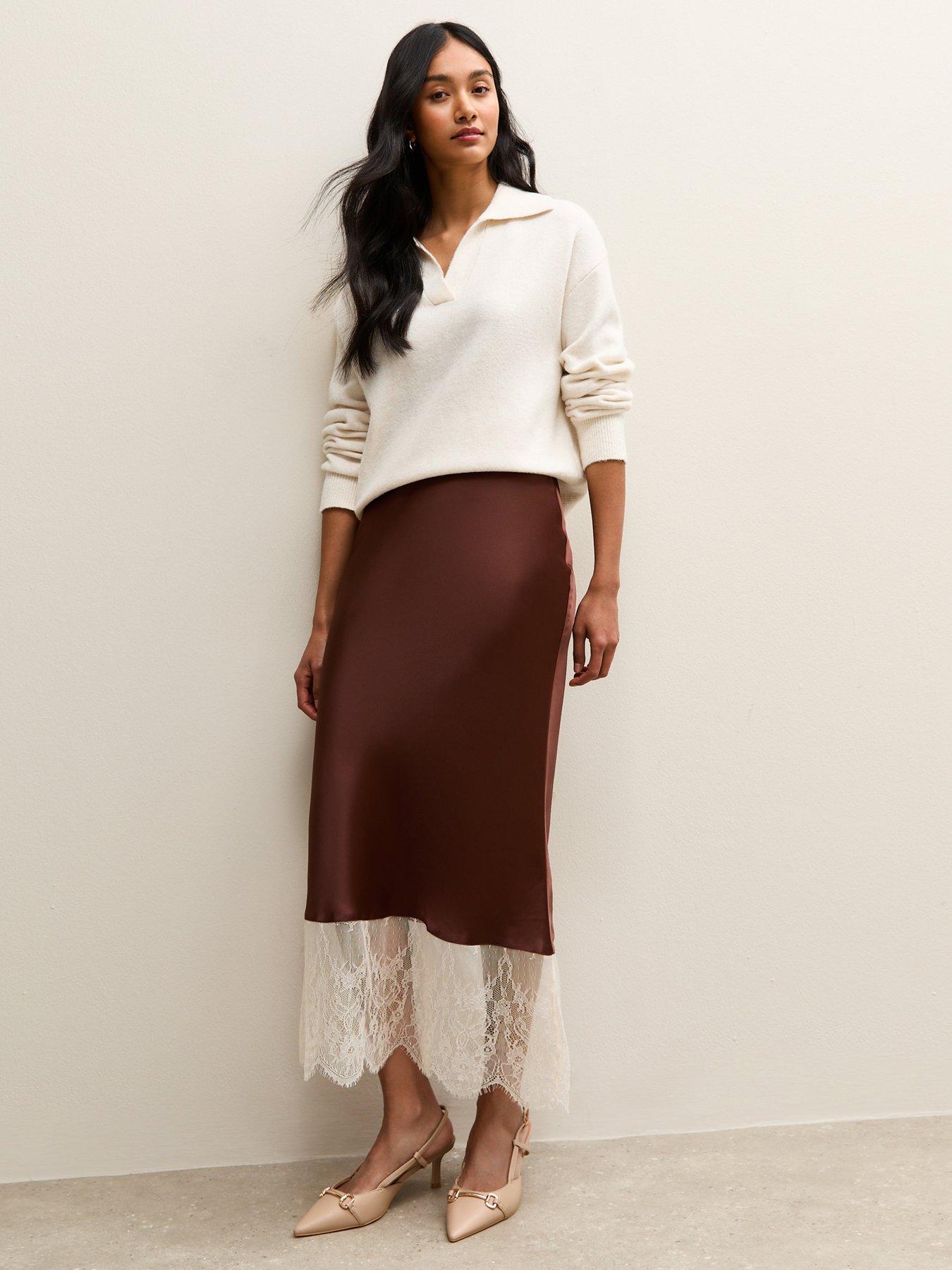 New Look Satin Lace Hem Bias Cut Midi Skirt - Dark Brown