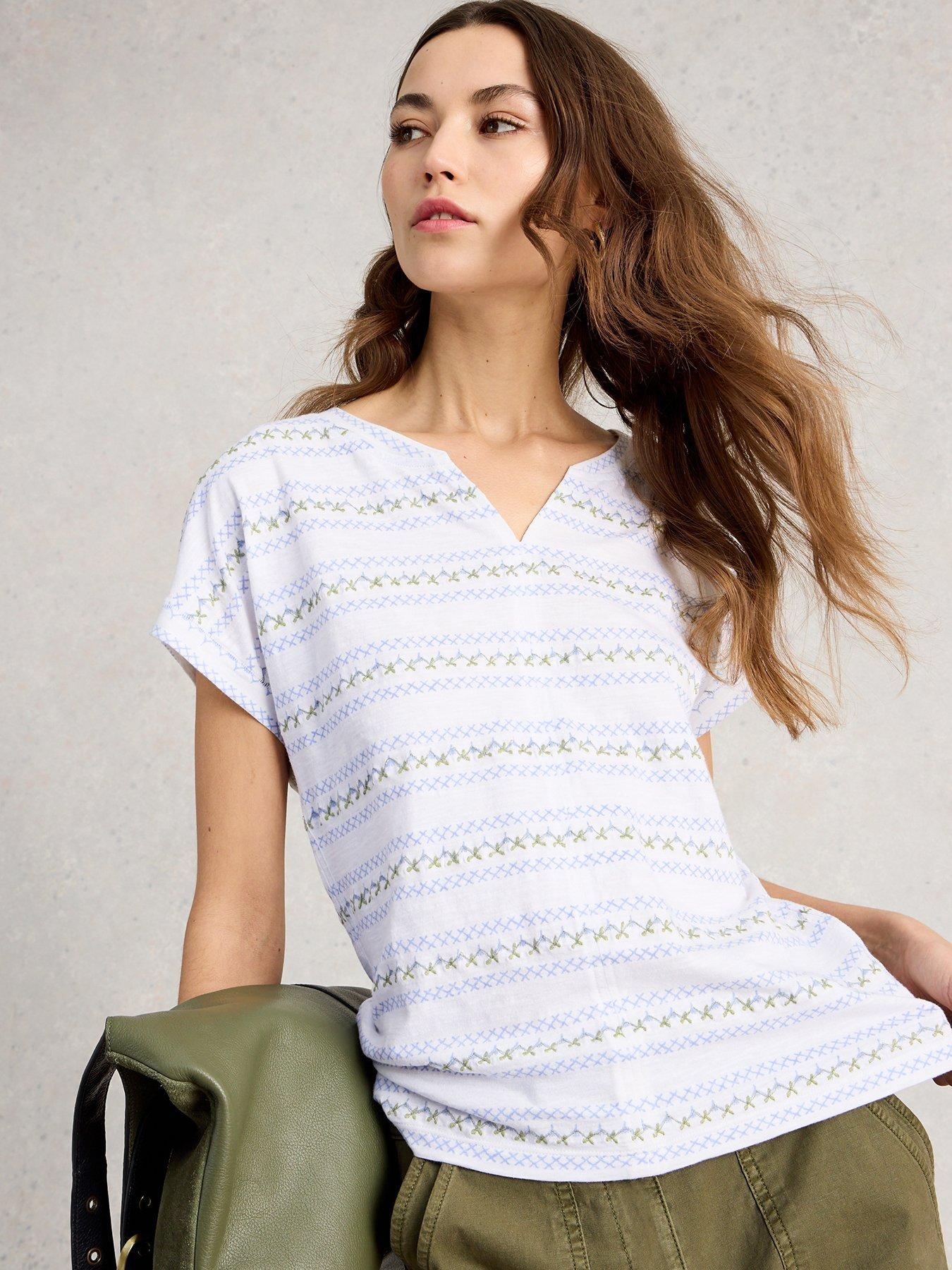 White Stuff Nelly Print Embroidered T-Shirt, White, Size 8, Women