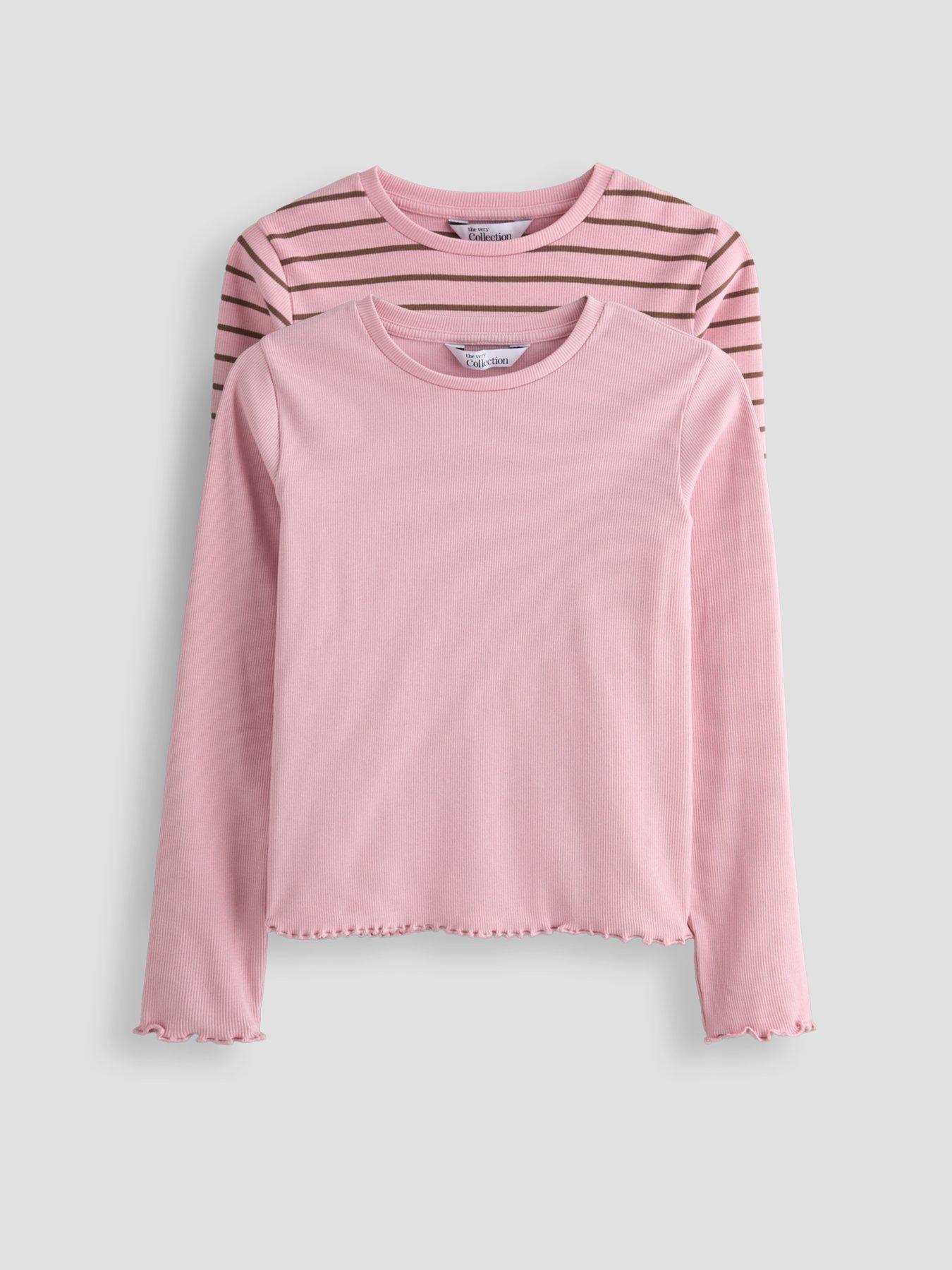 Image 1 of 5 of The Very Collection Girls Rib 2 Pack Long Sleeve Basic T-shirts - Pink