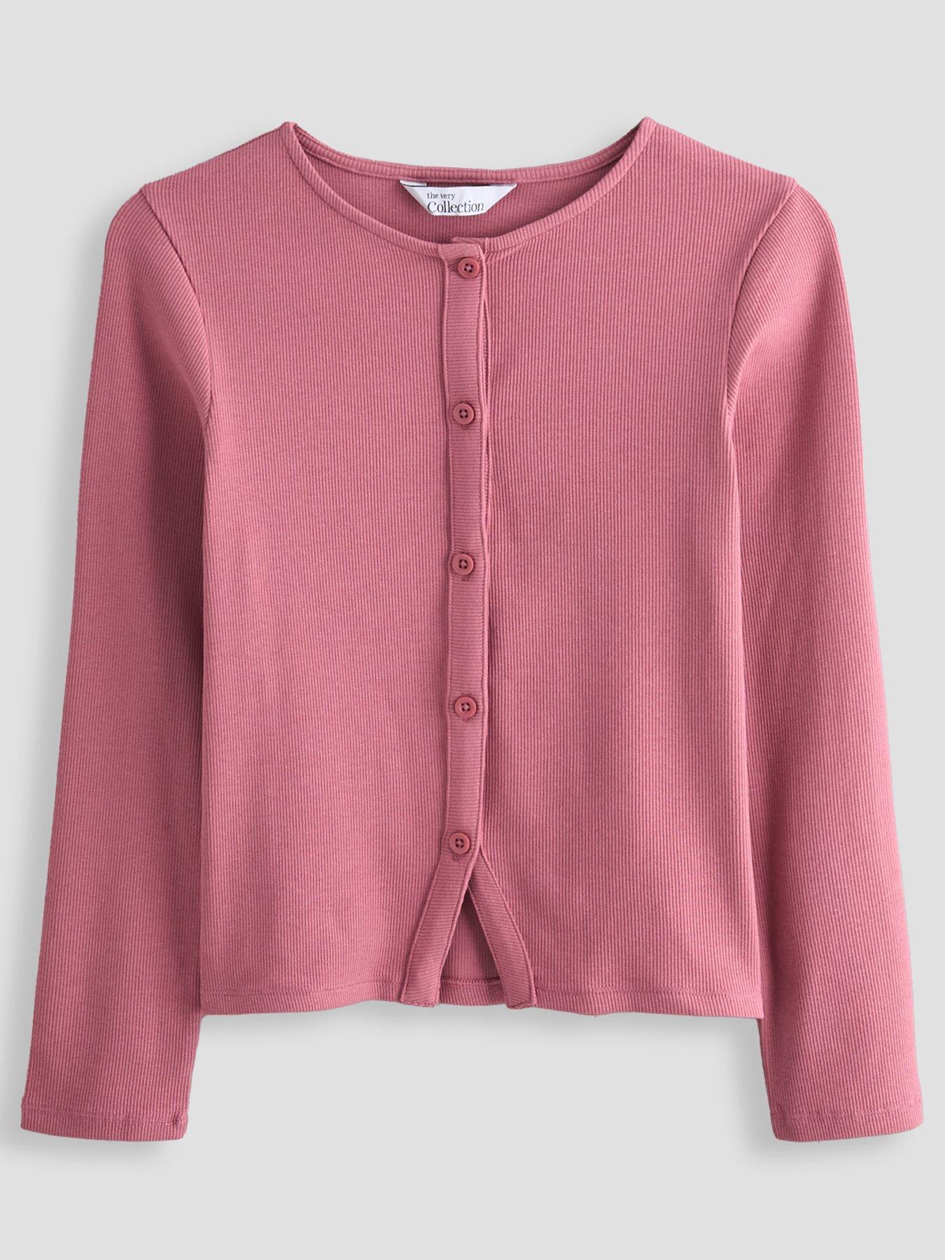 The Very Collection Girls Button Up Long Sleeve Rib Top - Pink
