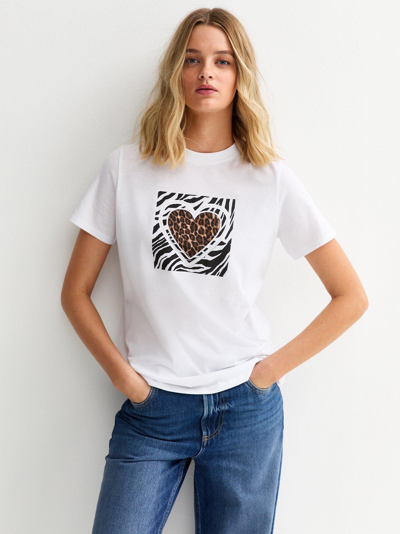 New Look White Animal Heart Print T-shirt