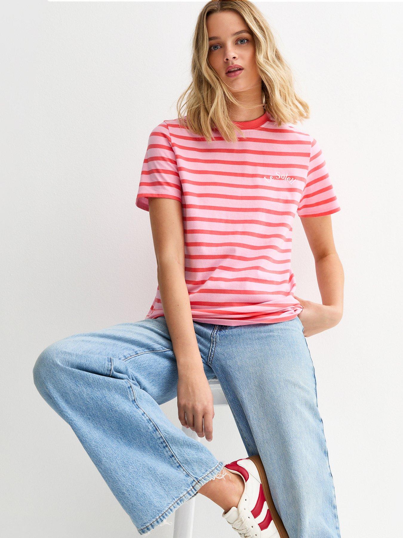 New Look Striped Le Soleil Embroidered T-Shirt - Pink