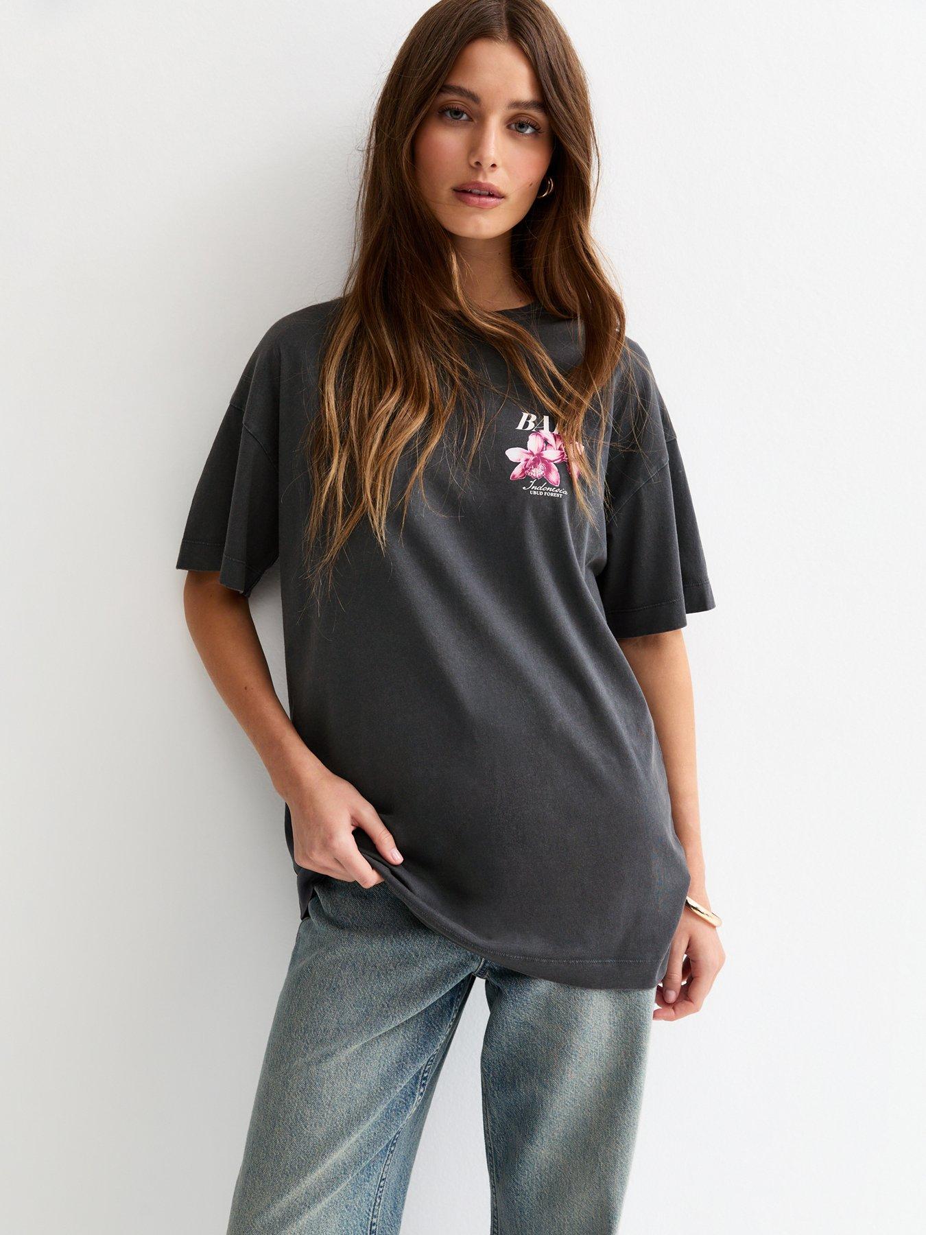 New Look Dark Grey Bali Acid Print Oversized T-shirt