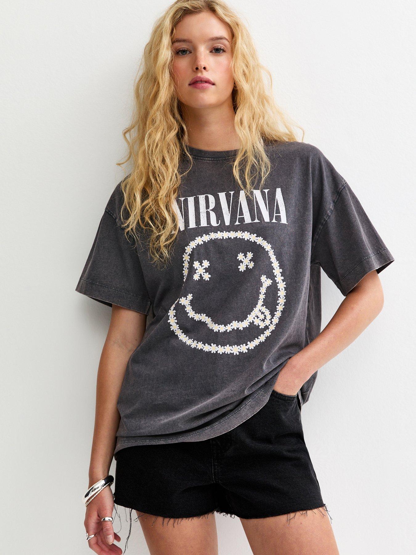 Image 1 of 5 of New Look Nirvana Daisy Smiley Oversized T-Shirt - Dark Grey