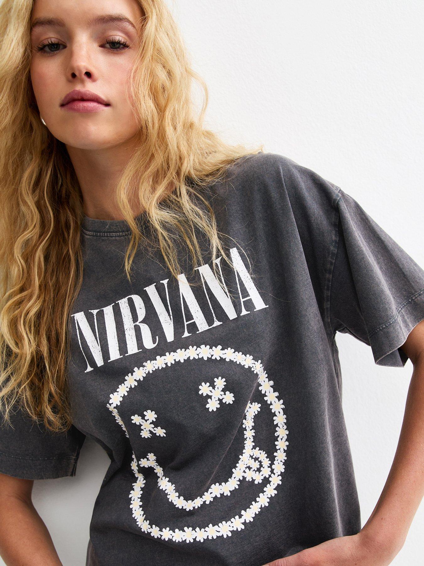 Image 4 of 5 of New Look Nirvana Daisy Smiley Oversized T-Shirt - Dark Grey