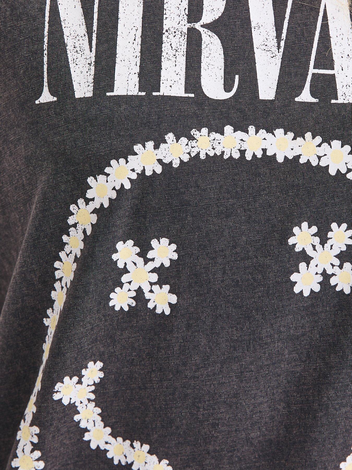 Image 5 of 5 of New Look Nirvana Daisy Smiley Oversized T-Shirt - Dark Grey